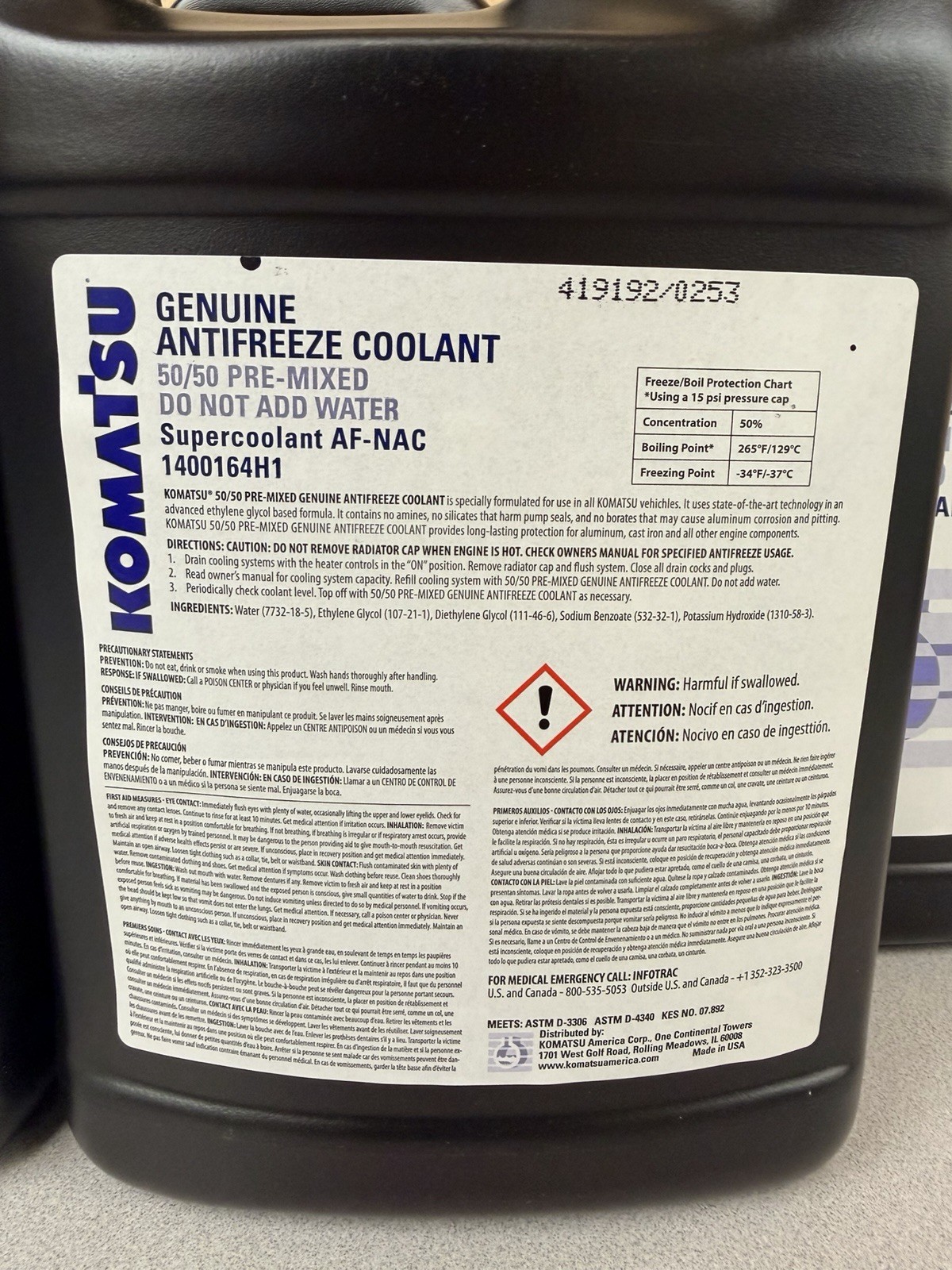 Komatsu Antifreeze Coolant AF-NAC 50/50, 5 – 1 gallon jugs