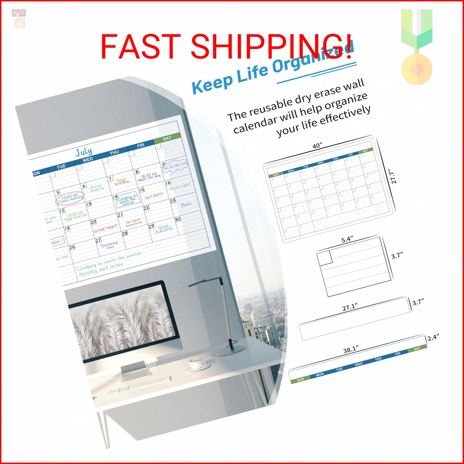 Large Dry Erase Calendar – Undated 1 Month Dry Erase Calendar for Wall, 40″ x 28