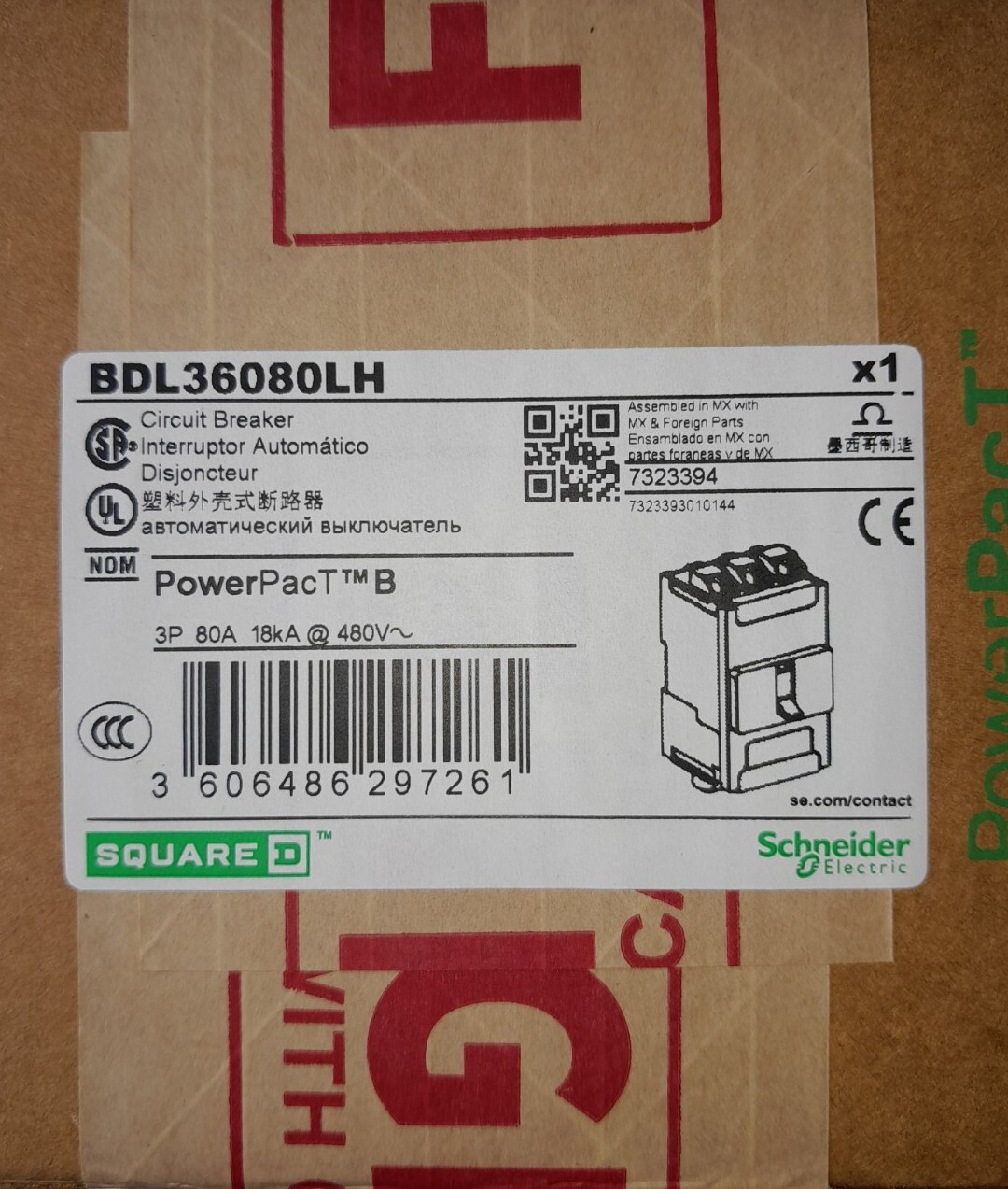 1 NEW SQUARE D 3 POLE 80AMP 480 V. FEEDTHROUGH LUGS CAT # BDL36080LH