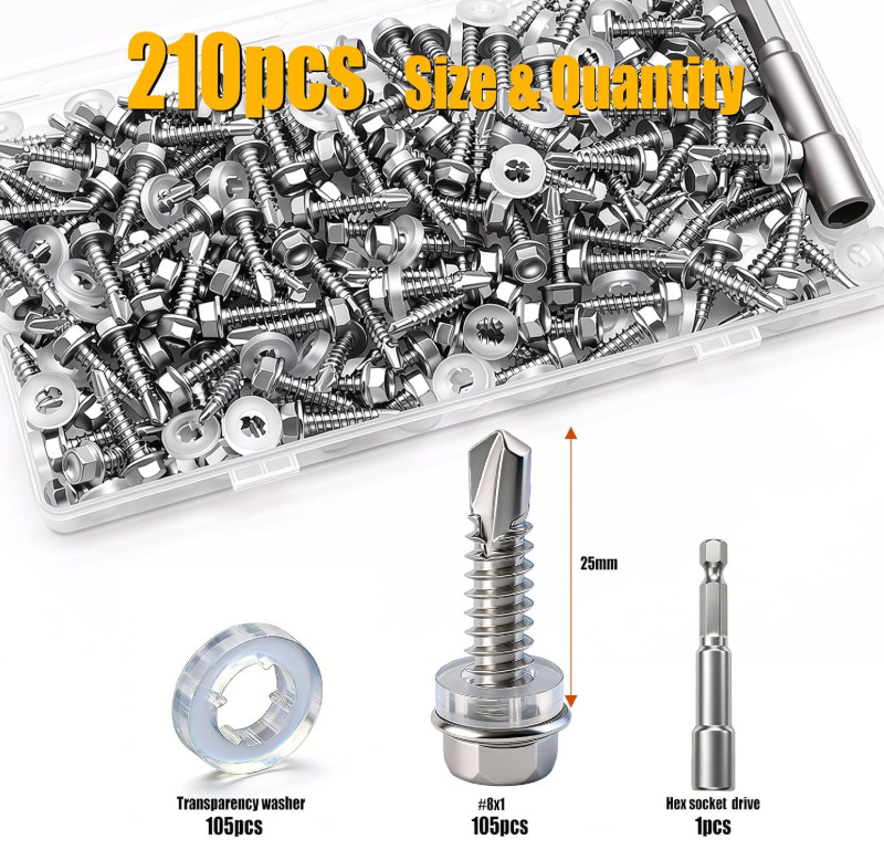 210Pcs ＃8×1″ Self Tapping Screws for Metal,410 Stainless Steel,Metal Screws Self