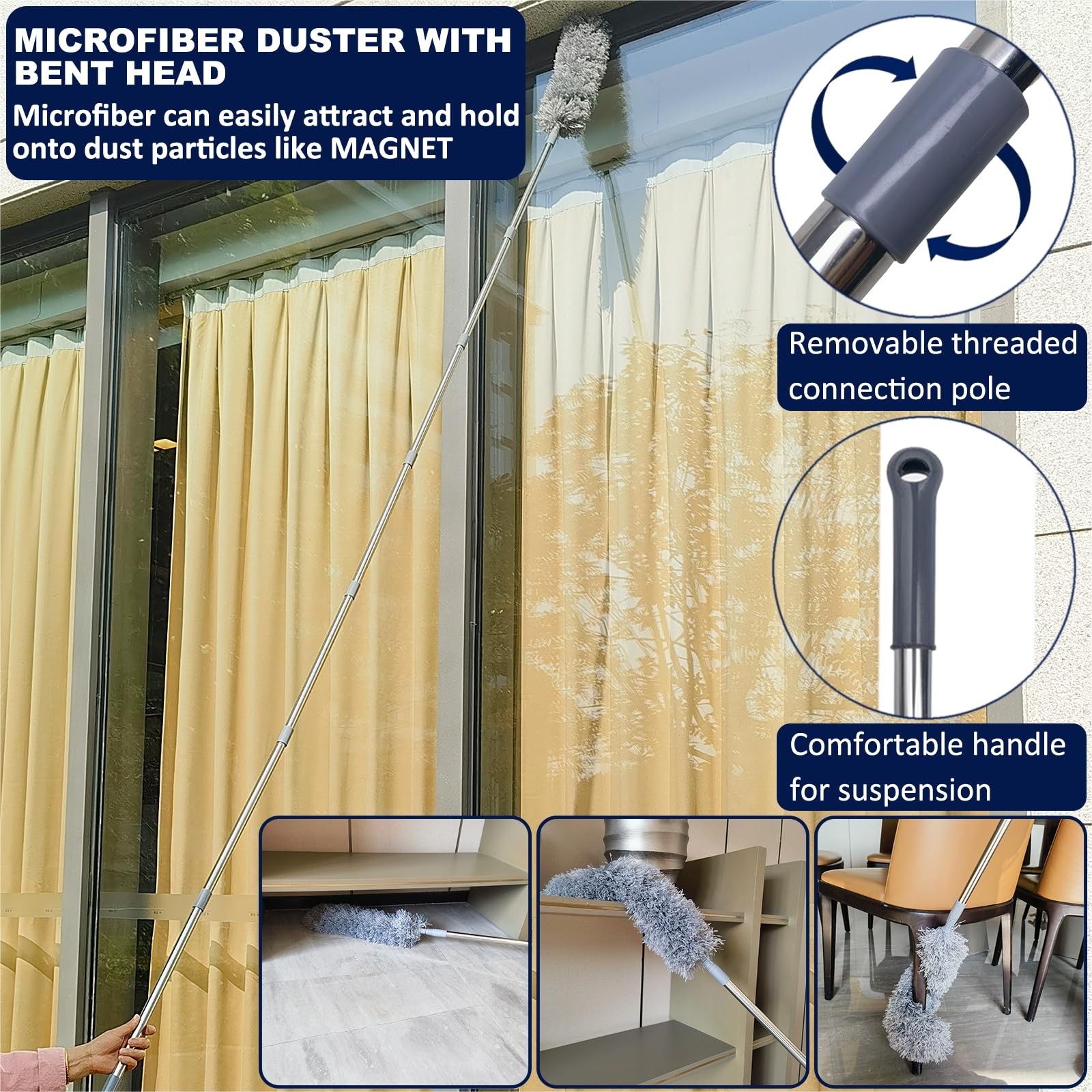 Tonmp 20 Ft High Reach Ceiling Fan Brush 3-14 Ft Spliceable Pole Microfiber