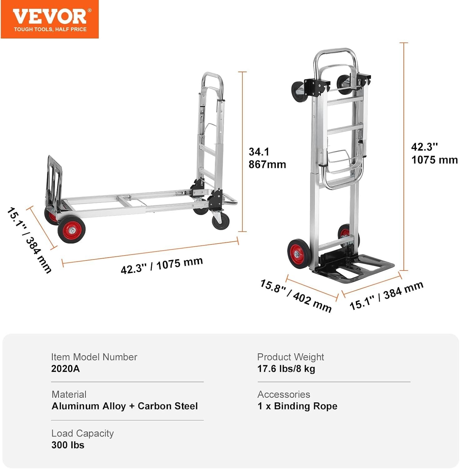 Heavy Duty 2-in-1 Aluminum Folding Hand Truck – 400 lbs Capacity & Rubber Wheels