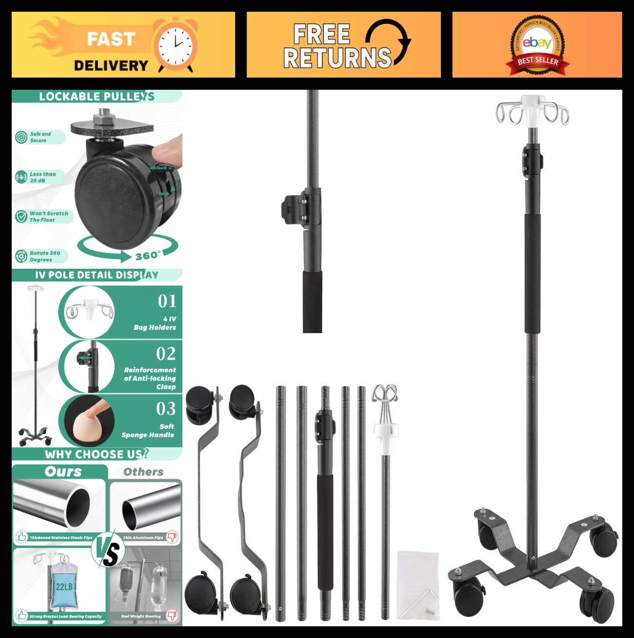 Portable IV Pole with Wheels, Adjustable 47-100″ Height, 4 Hooks, Stainless Stee