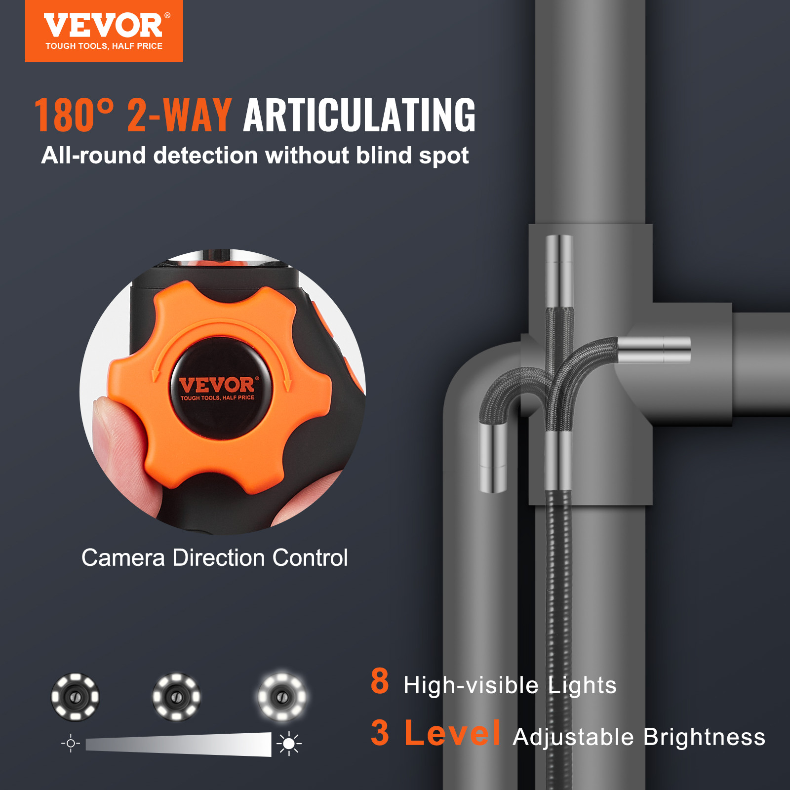 VEVOR Borescope Endoscope Two-Way 180° Articulating 5″ IPS 8X Zoom 6.4mm Lens