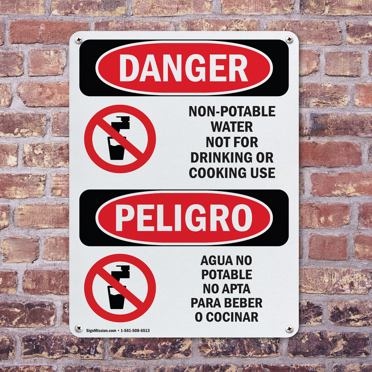 (2 Pack) Non-Potable Water No Drinking Bilingual OSHA Danger Sign Decal Metal