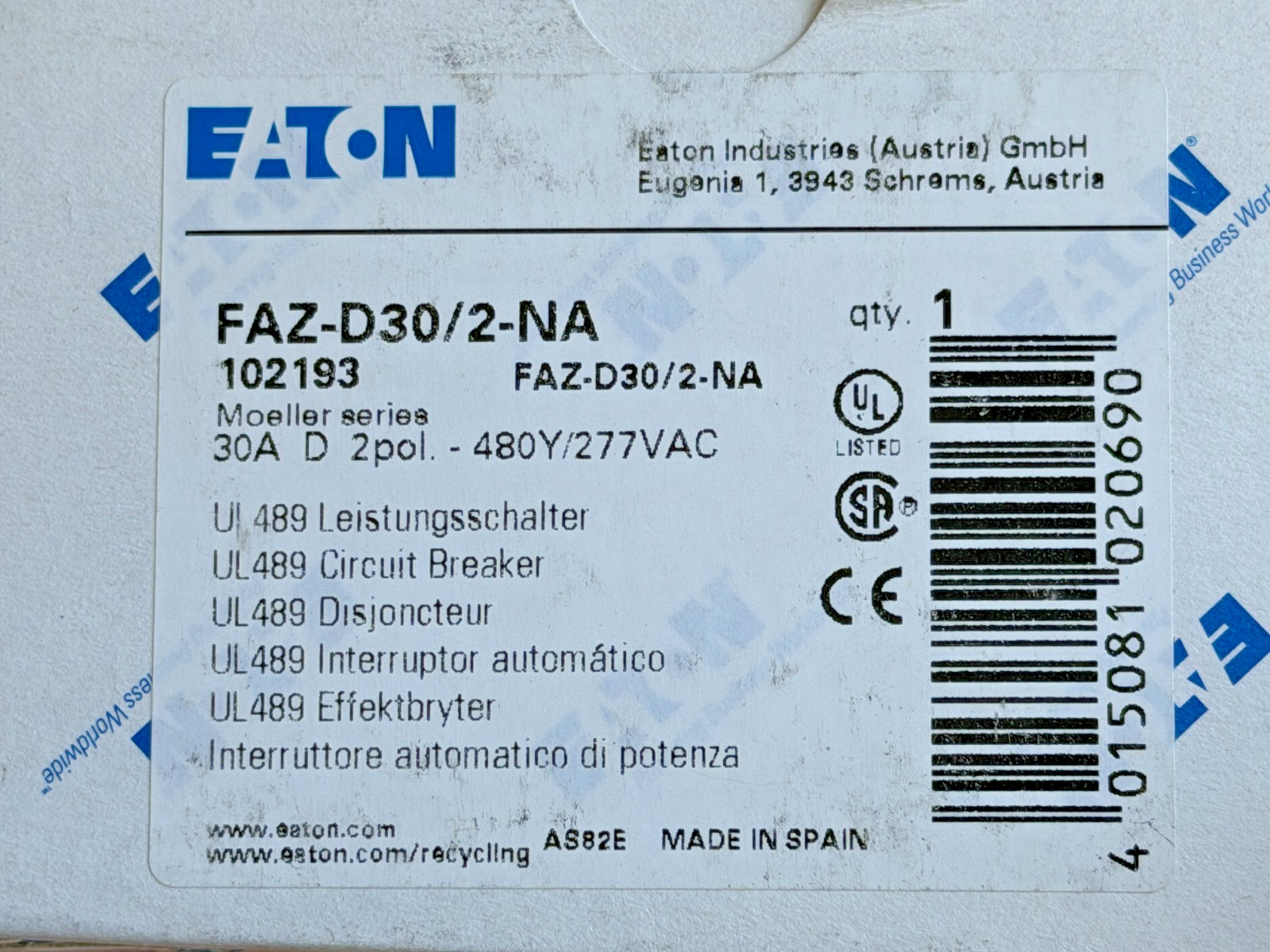 NEW Eaton FAZ-D30/2-NA Circuit Breaker, 30A, 480Y/277VAC, D Curve, 102193