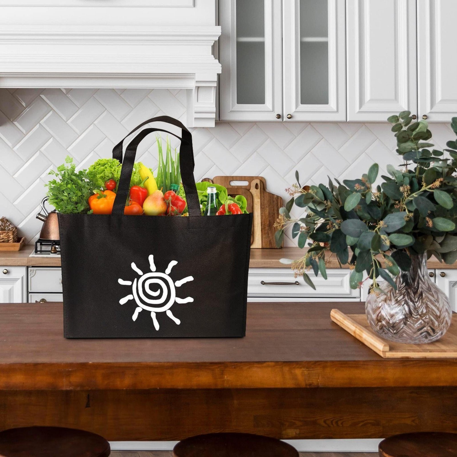 Black Shopping Bags Non-Woven Polypropylene Sun Print 100 Count 20 x 6 x 16 in