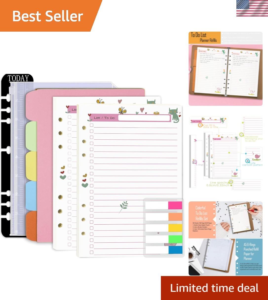 Undated A5 Planner Refills – 90 Double-Sided Colorful To-Do Pages & Index Tabs