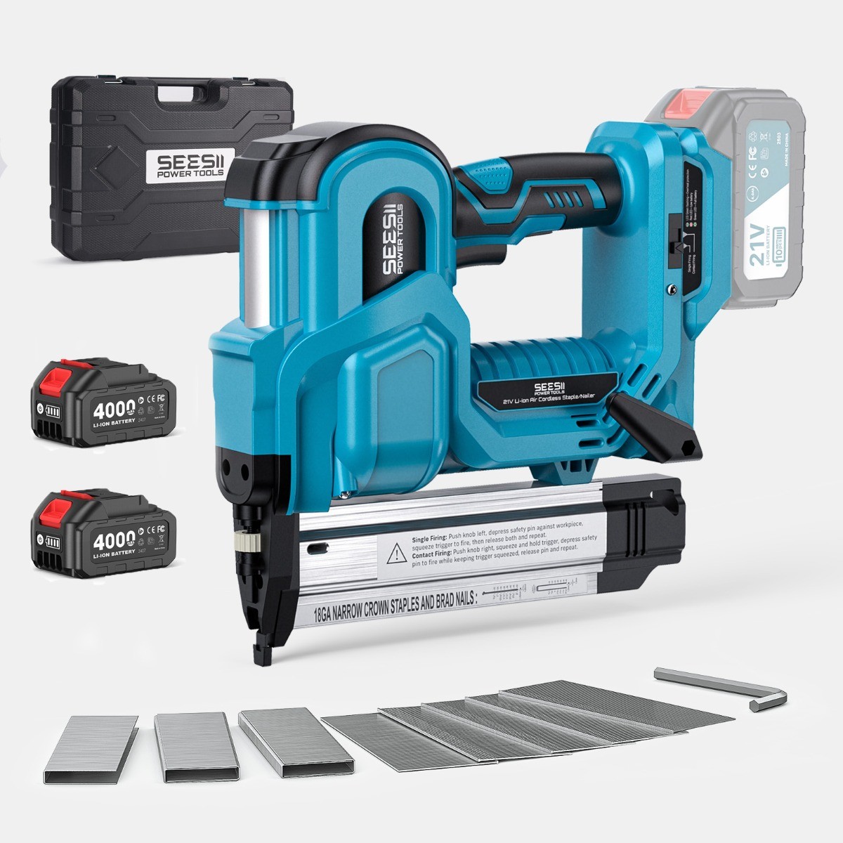 Seesii 21V Cordless Brad Nailer 18 Gauge Battery Powered Staple Gun 2x4000mah