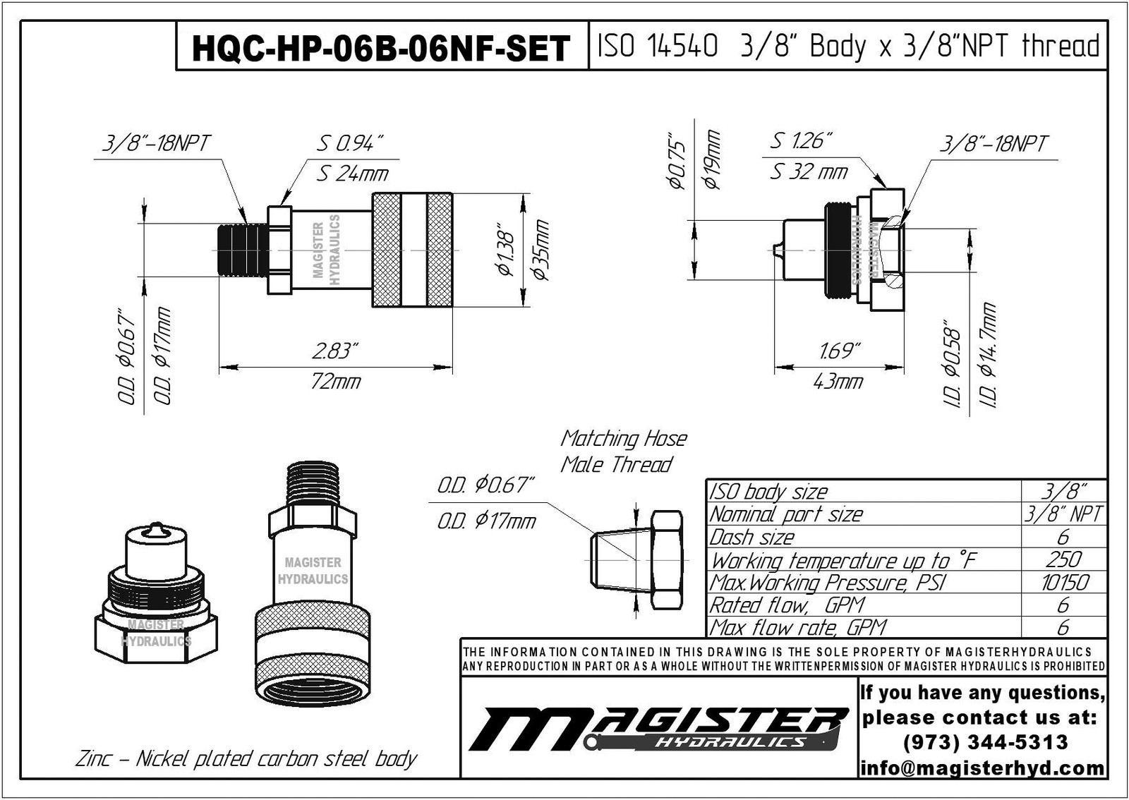 3/8″ 10000 PSI High-Pressure Hydraulic Quick Connect Coupler Set 3/8″ NPT Thread