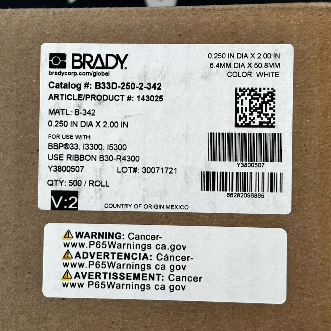 Brand New BRADY B33D-250-2-342 .250” X 2” 500 White Labels per Roll 96865
