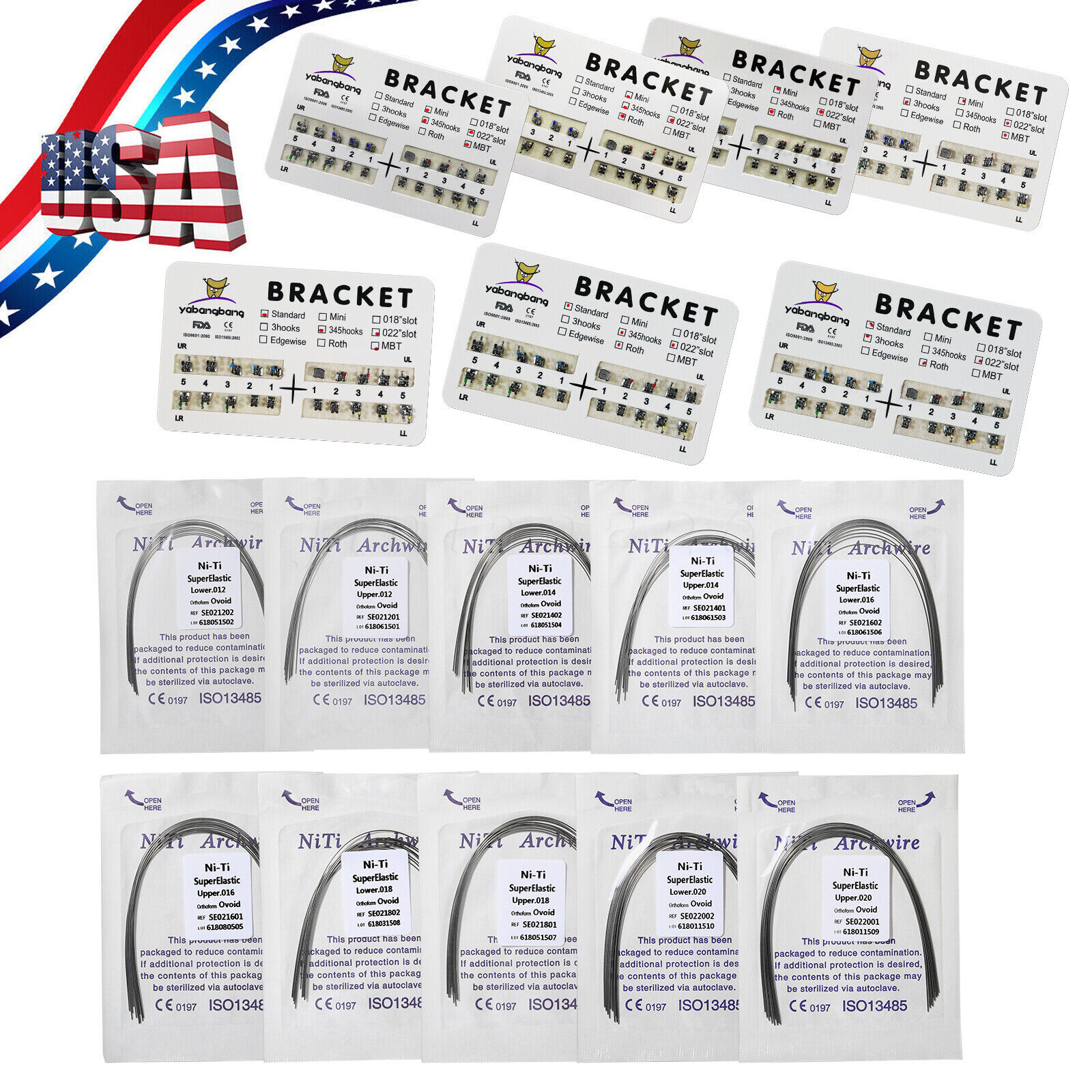 Dental Orthodontic Bracket Braces Roth/MBT 345 Hooks /Round Super Arch Wire Niti