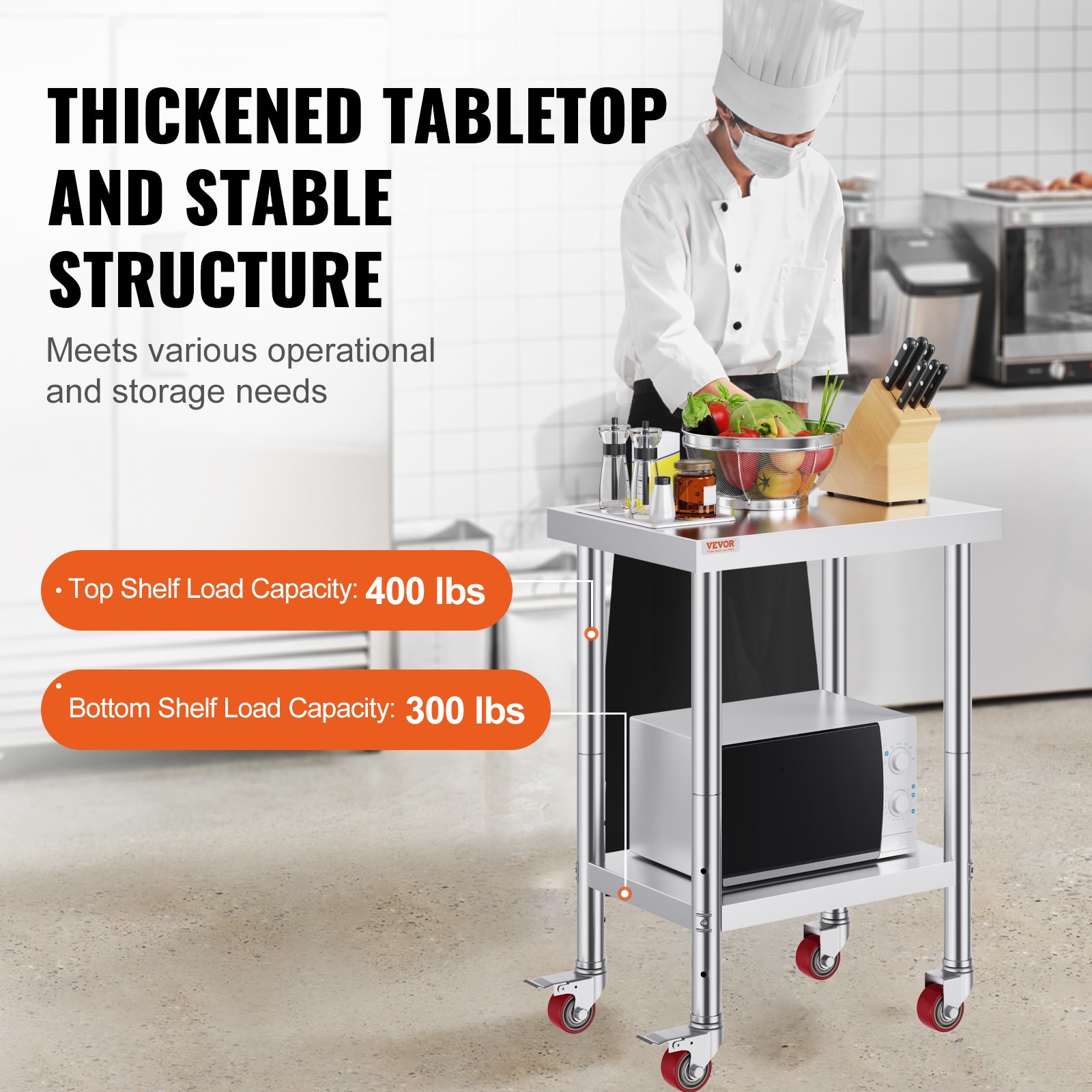 VEVOR Stainless Steel Work Table Commercial Prep Table 24×18 Inch With 4 Casters