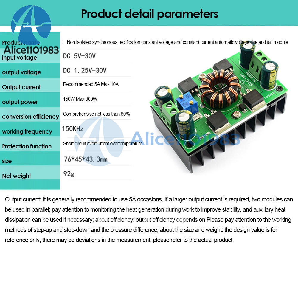 DC 5V-30V 300W 10A CC CV Auto Step-Up Step-Down Buck-Boost Power Supply Module
