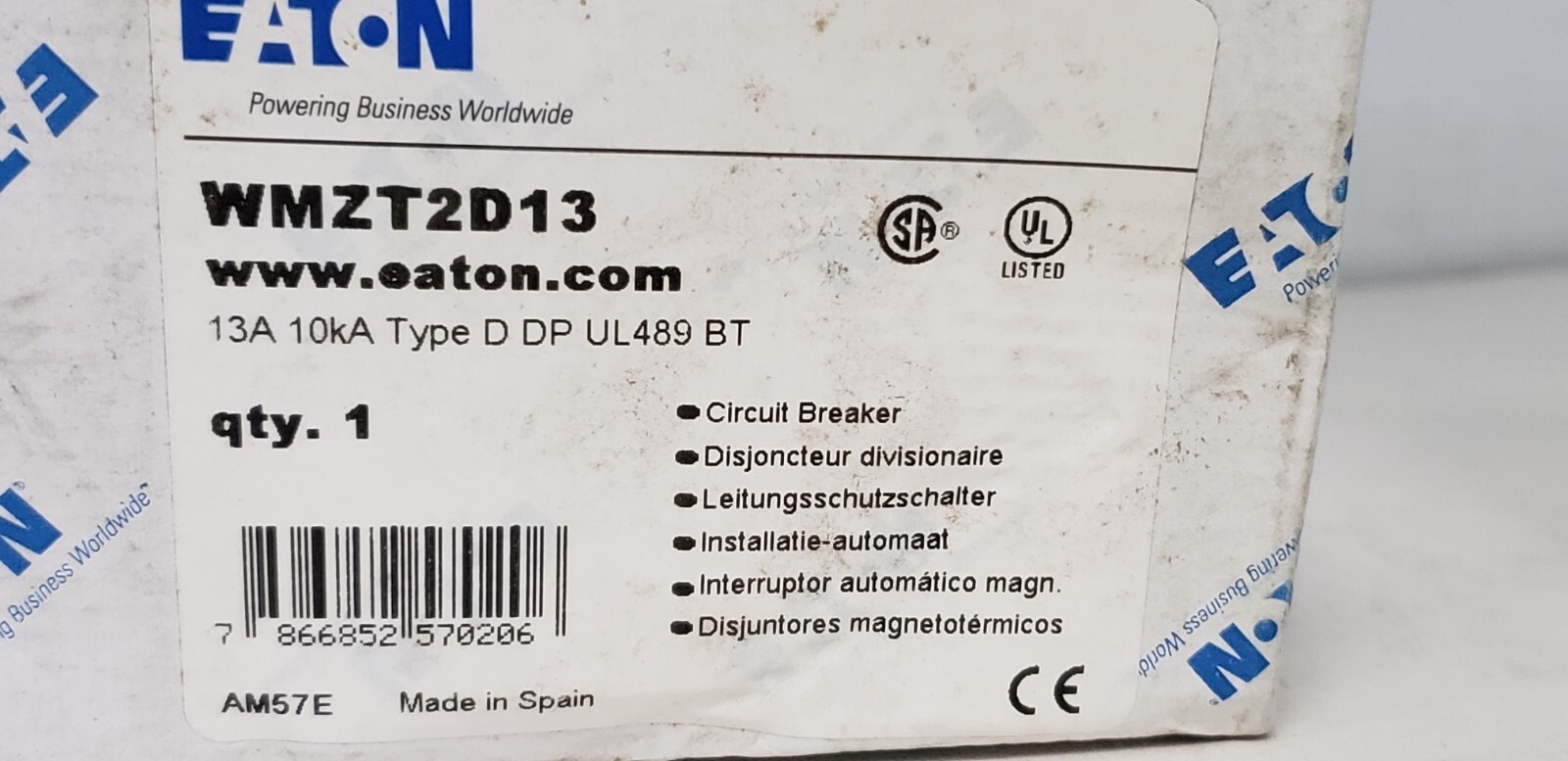 EATON WMZT2D13 (FAZ-D13-2-NA) CIRCUIT BREAKER, 2P 13A 480Y/277V 10kA TYPE D NIB