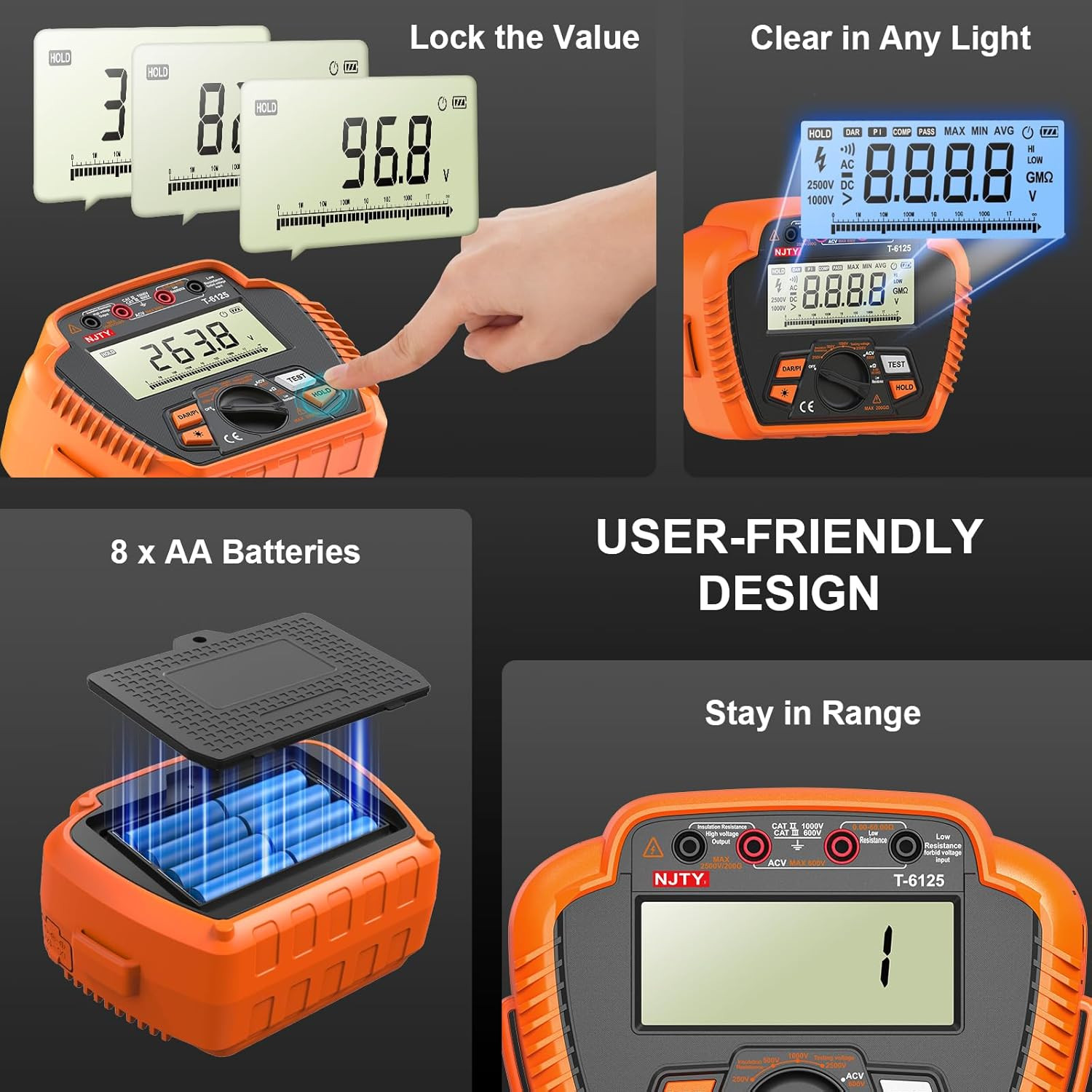 T6125 Digital 2500V Insulation Tester with Backlit LCD & Data Hold