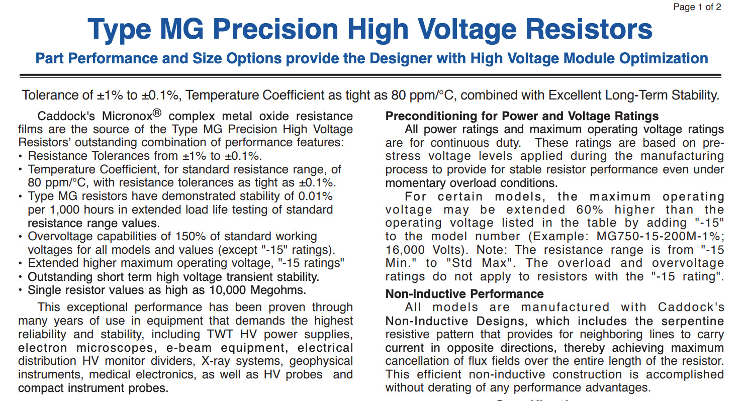 100M Caddock MG810 Precision High Voltage Resistor 100Mohm ±1% 10W Gold WireLead