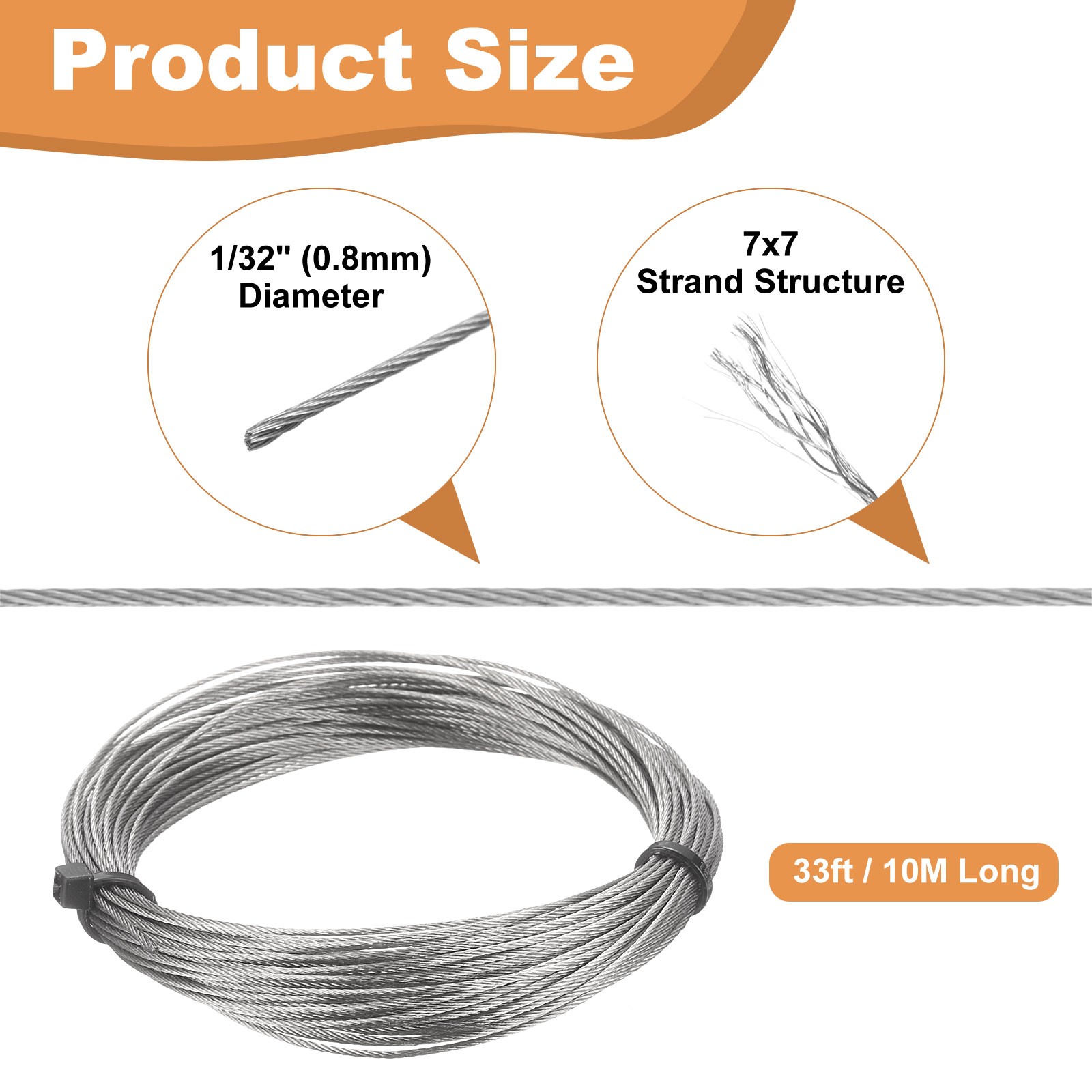 33ft (10M) 0.8mm Stainless Steel Wire Rope 7×7 Strand with 20pcs Loop Sleeves