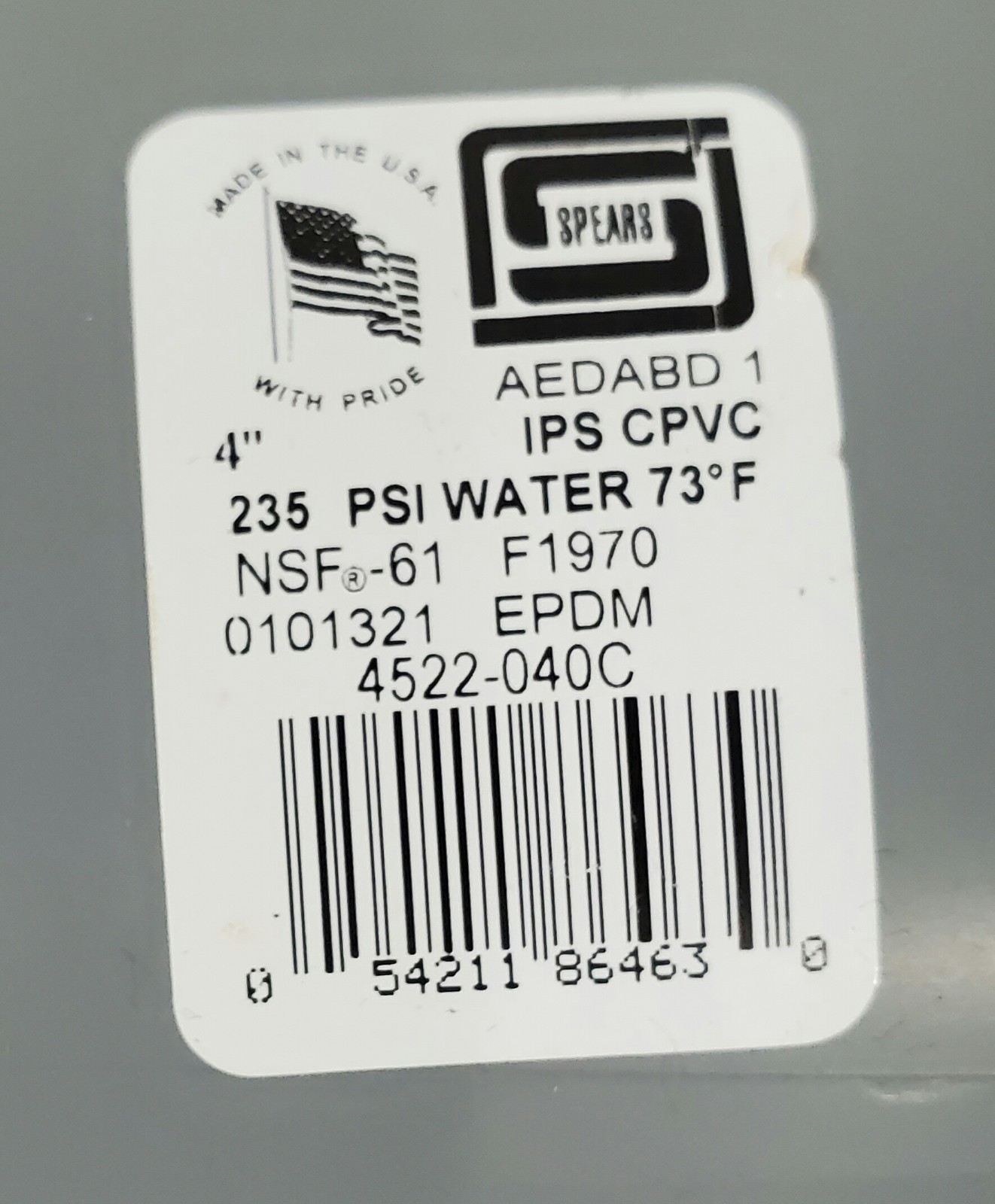Spears EPDM 4522-040C TU 2000 Industrial Check Valve 4″ 235-PSI NSF-61 F1970🇺🇸