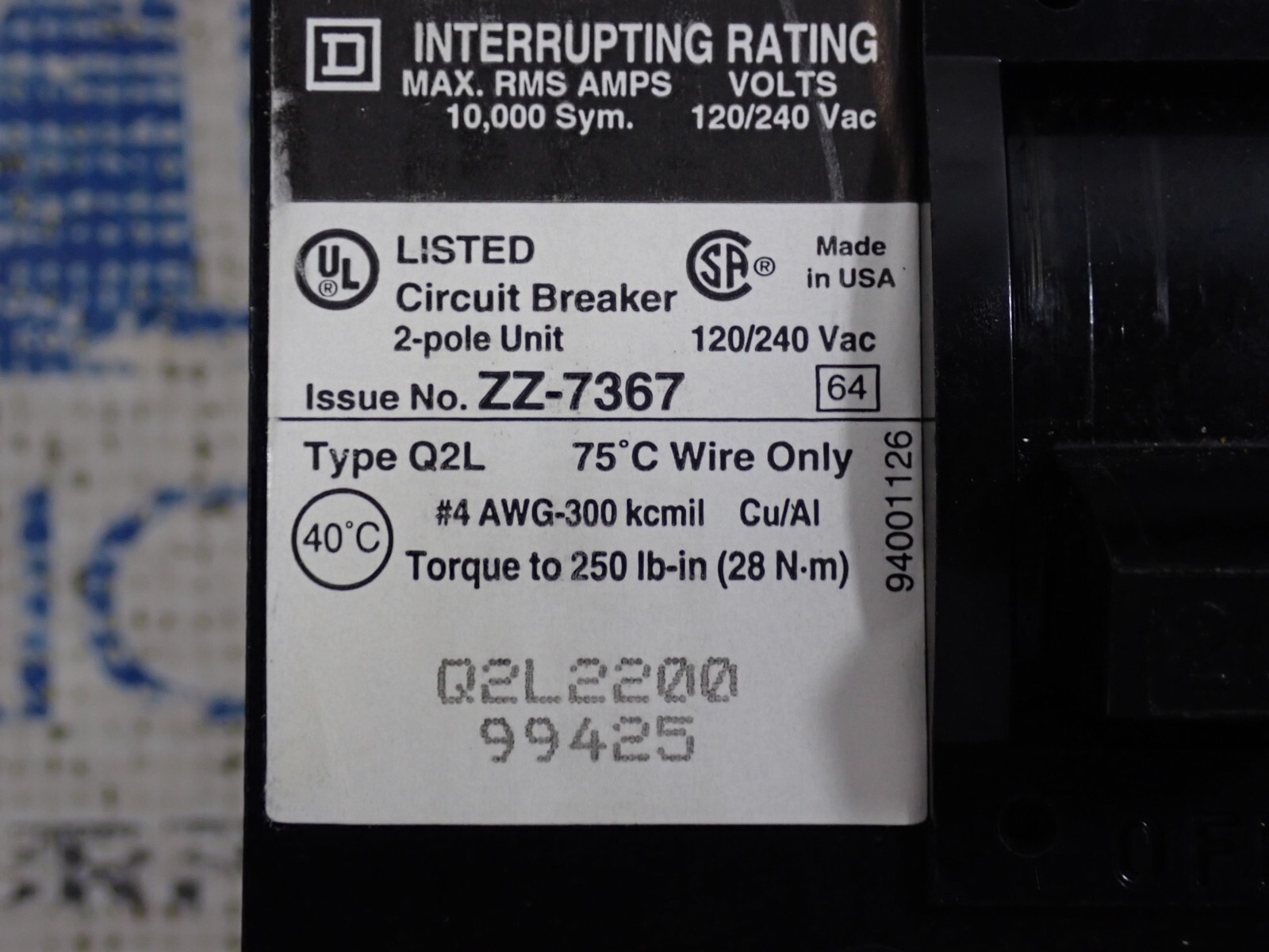 Square D Q2L2200 200 Amp 2 Pole 120/240V Circuit Breaker Tested