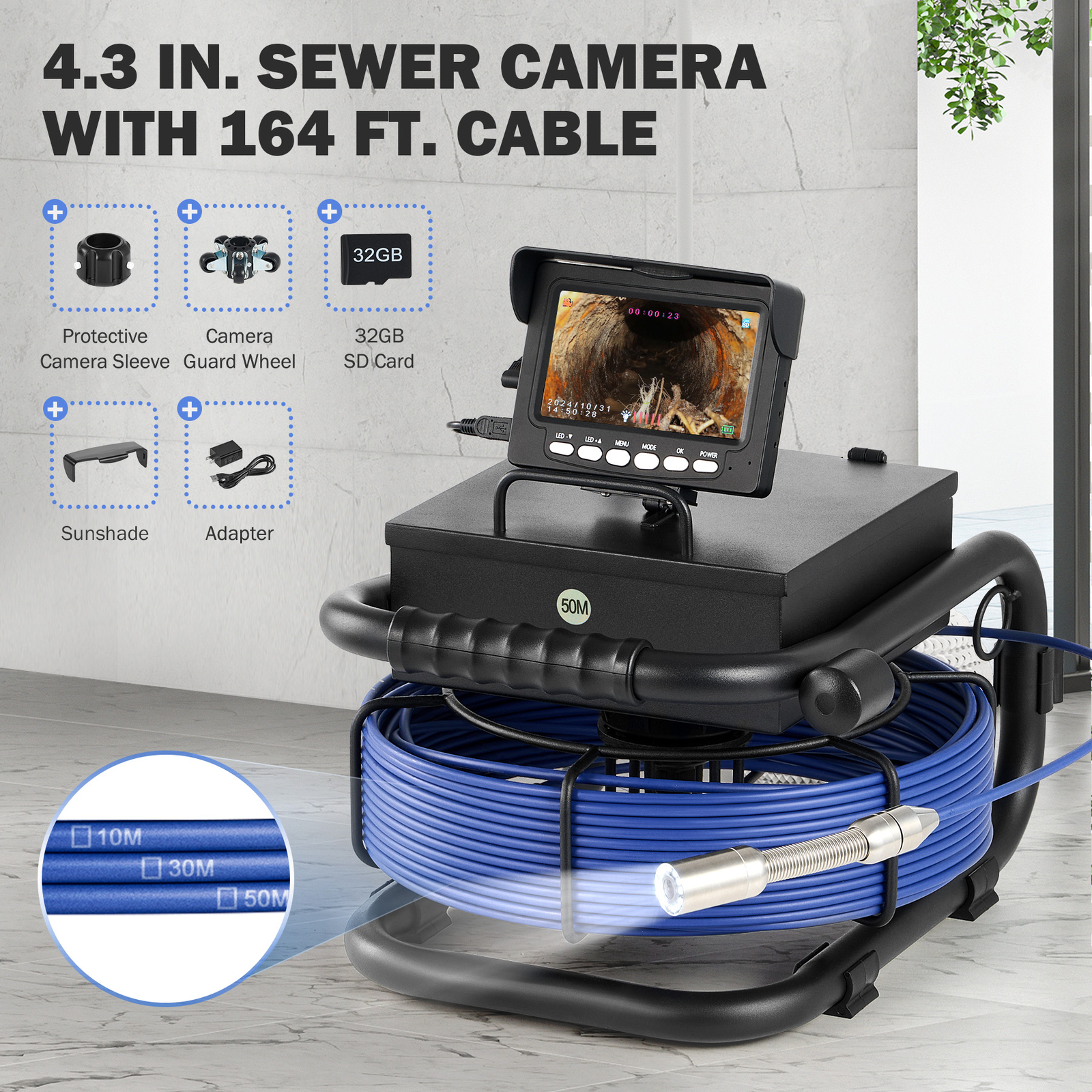4.3 in. Sewer Inspection Camera w 50m/164ft Cable 12 LED Lights Camera for Pipe