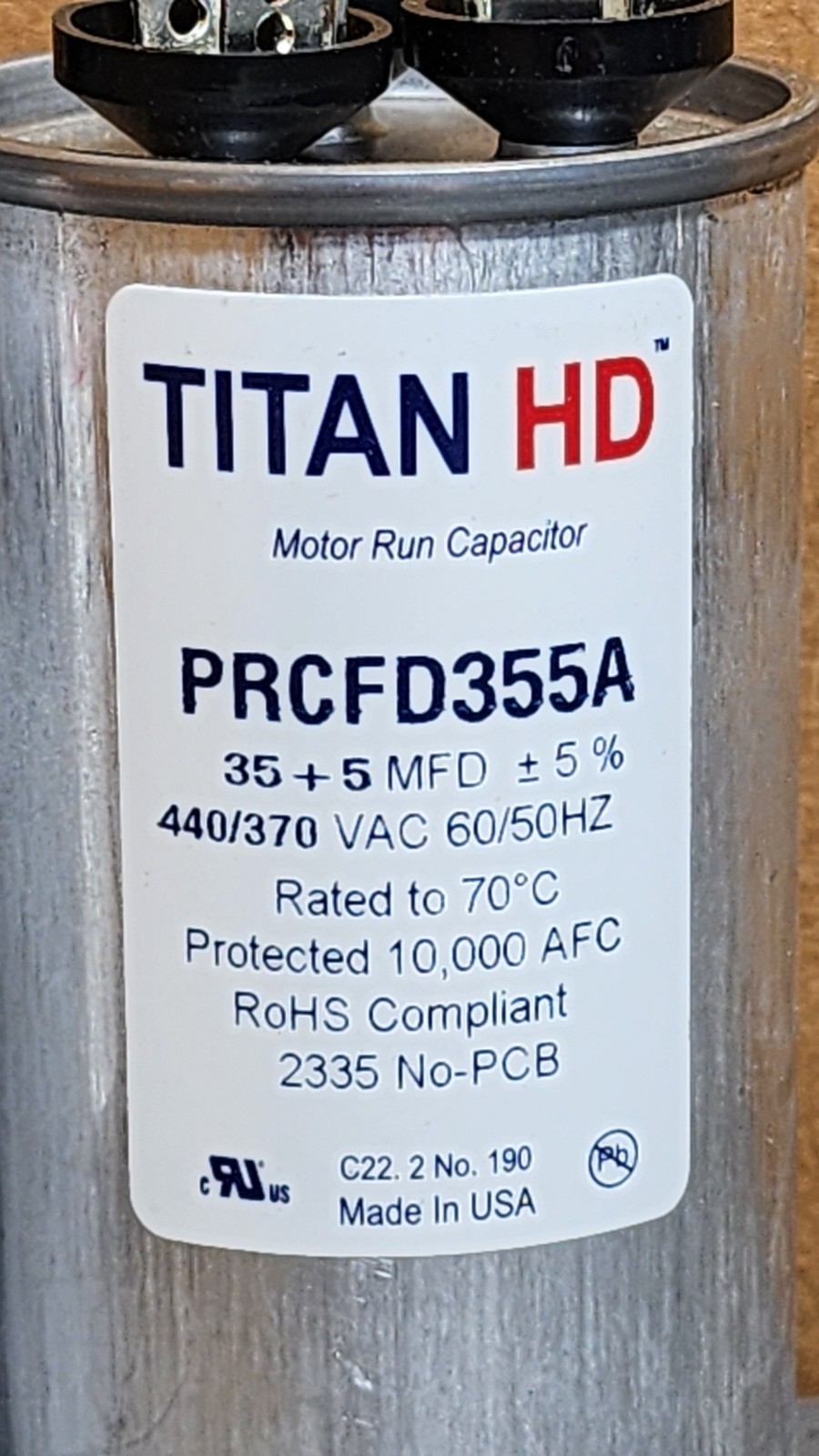 (2) Titan HD Round Run Capacitors PRCFD355A 35/5 440-370V Made In USA