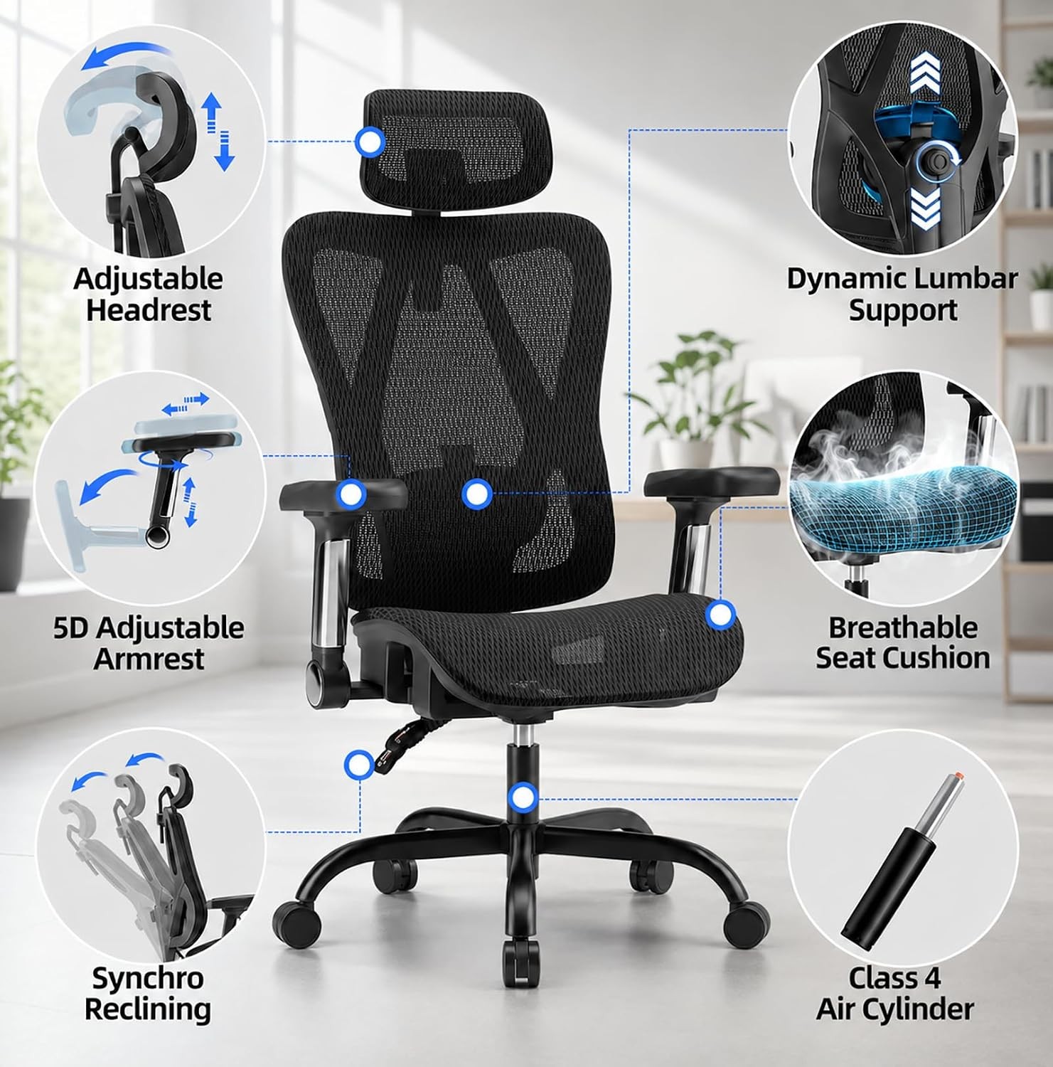 Ergonomic Office Chair, Full Mesh Desk Chair with 5D Armrests, Adjustable Lumbar