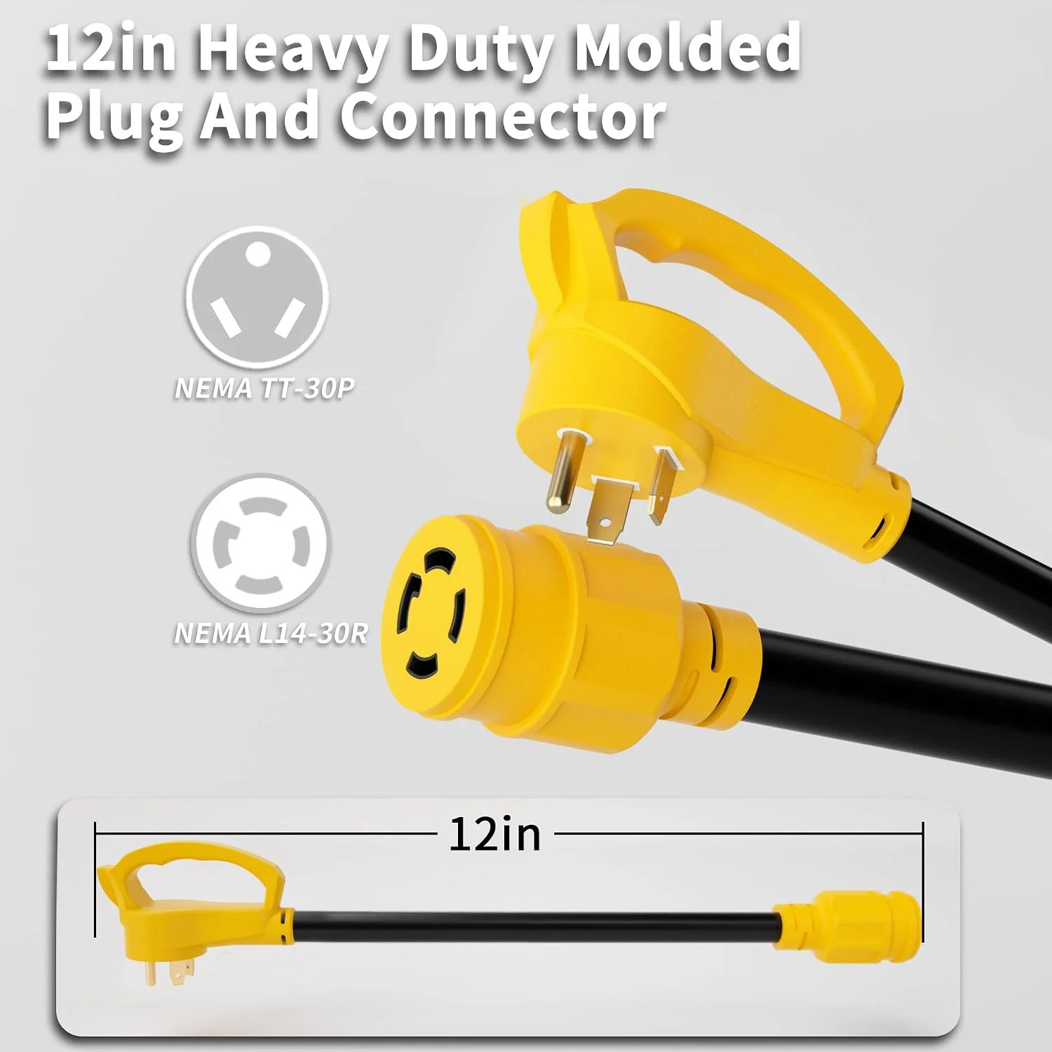 30 Amp to 30 Amp RV Generator Plug Adapter 12 Inch, NEMA TT-30P Male to NEMA L14