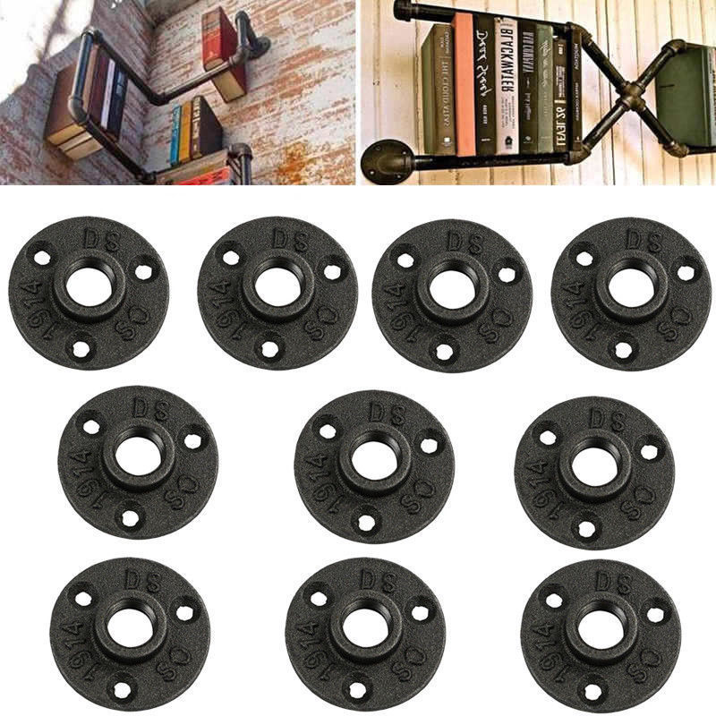 1/2″ BLACK MALLEABLE IRON FLOOR FLANGE fitting pipe npt – LOT OF 10 – vintage