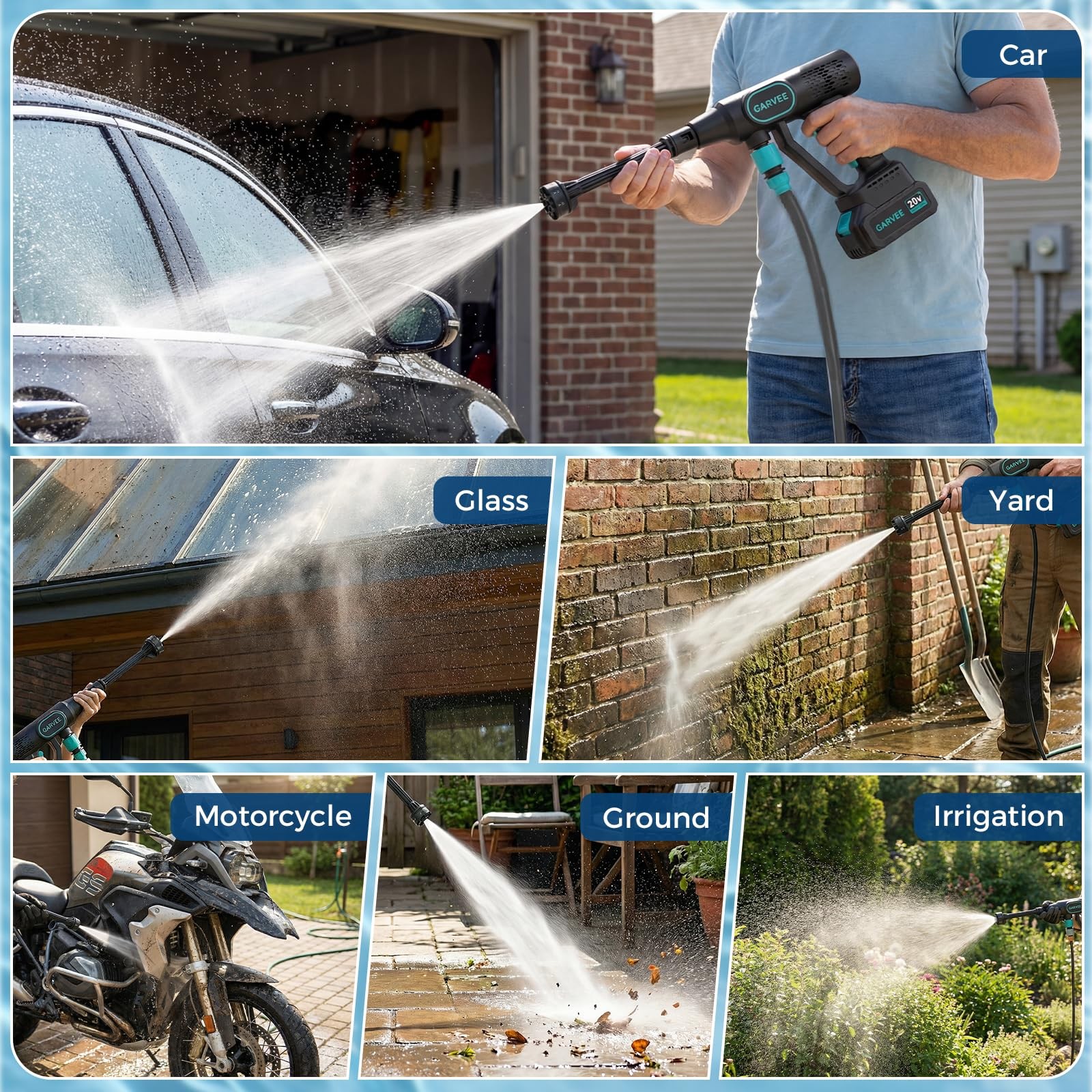Garvee Portable Cordless Pressure Washer 20V 4.0Ah Battery 500 PSI 6-in-1 Nozzle