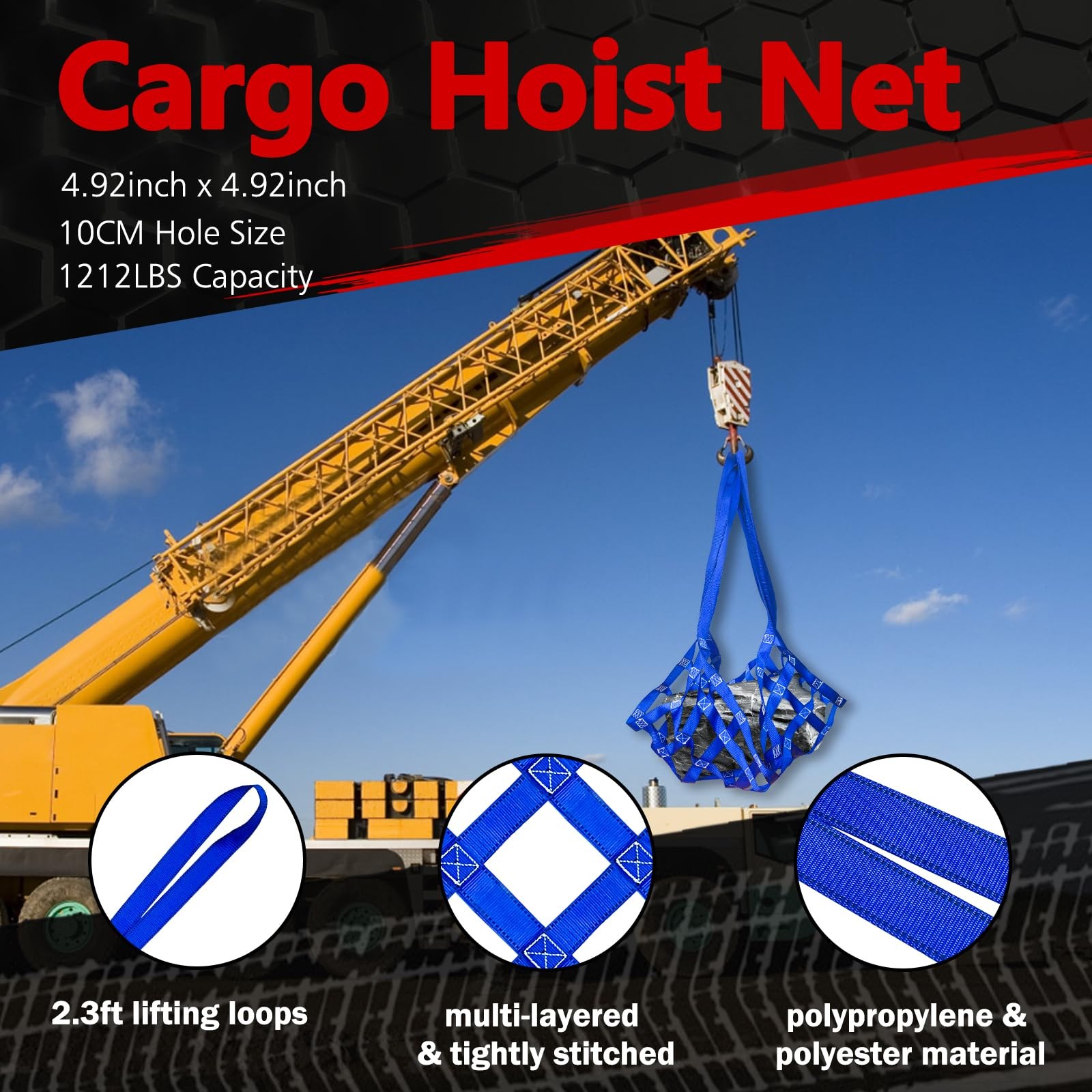 Cargo Lifting Net 1212LBS, 4.92’X4.92′ Safety Lifting Net Straps for Hoist 10Cm