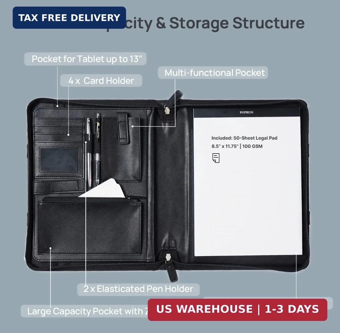 POPRUN Portfolio Binder with Zipper, Leather Padfolio Document Organizer with St