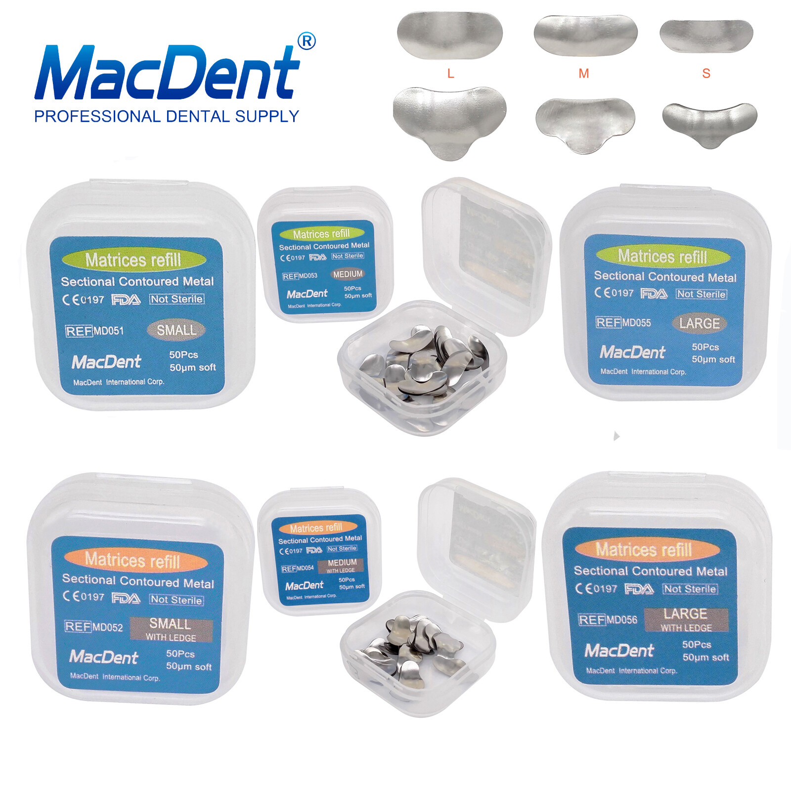 50 Pcs Dental Matrix Sectional Contoured Metal Matrices Bands S/M/L Sizes 35μm