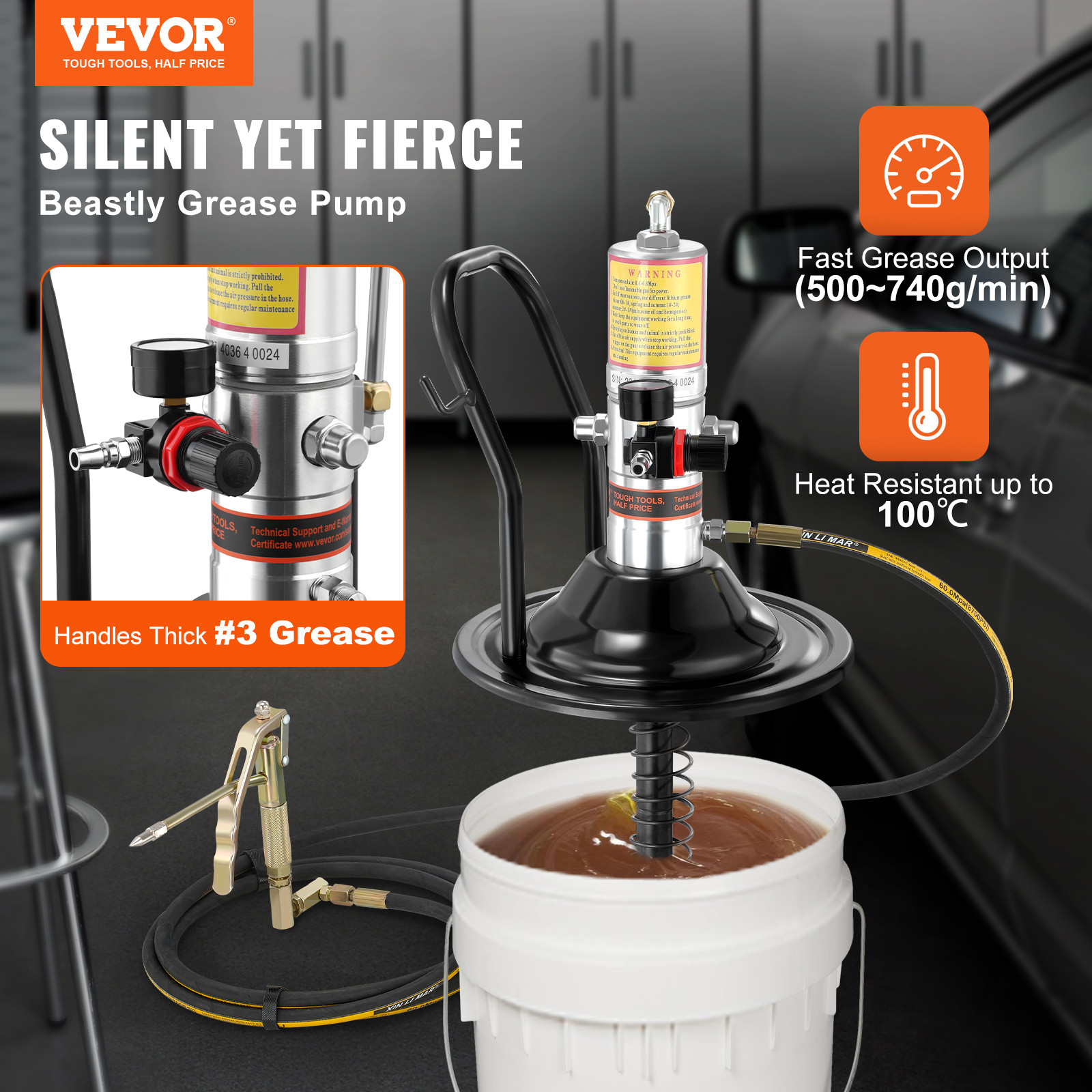 VEVOR Grease Pump Air Operated Grease Pump 0.6-0.8Mpa 13 ft Hose with Barrel Cap