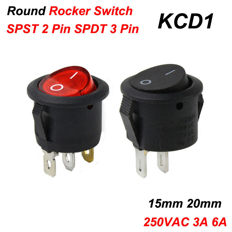 Round Rocker Switch 250V 3A 6A On/Off 2/3 Pin LED Light Red Black 15mm 20mm