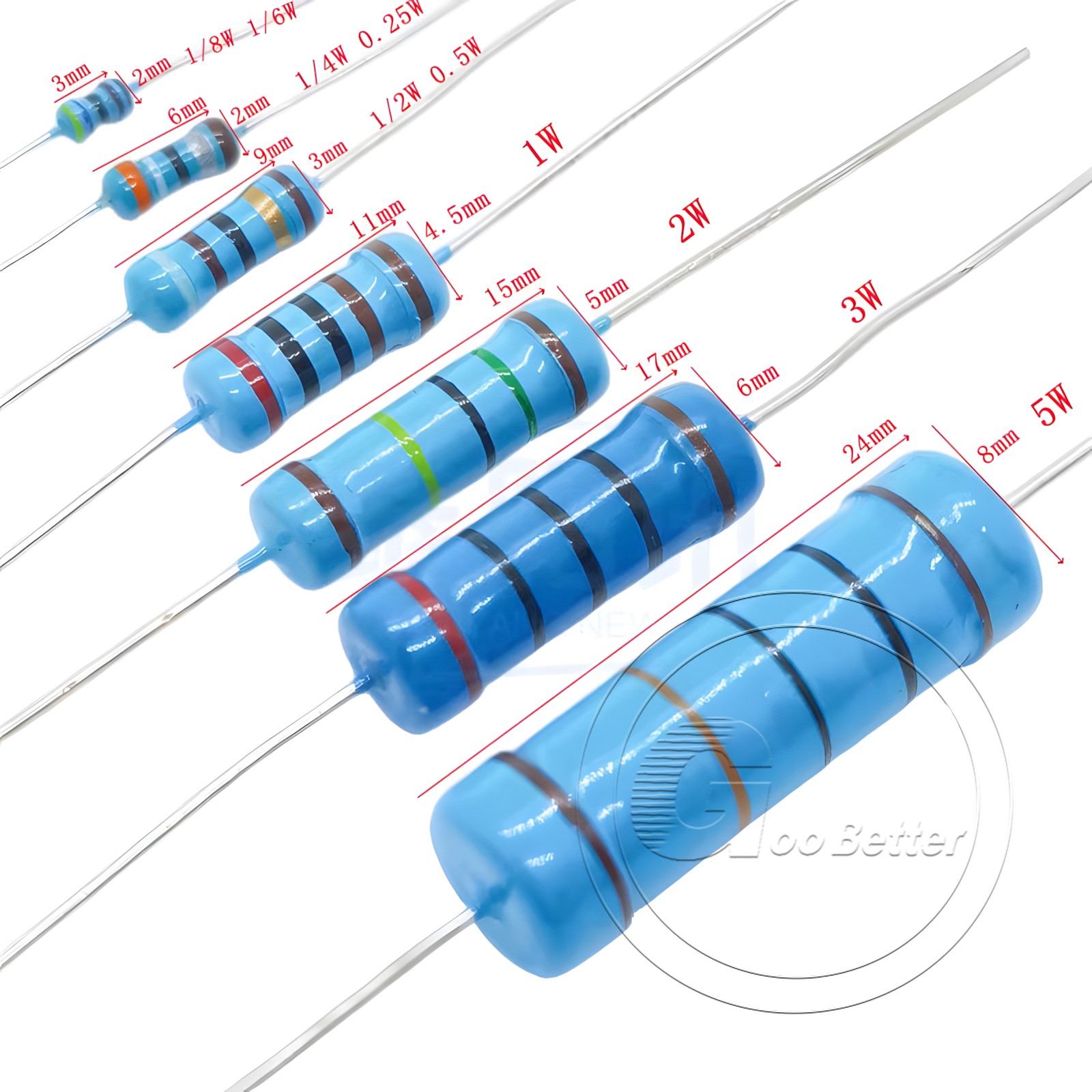 1/4W Metal Film Resistors 0.1% tolerance 1 ohm to 10M ohm available 20 pack