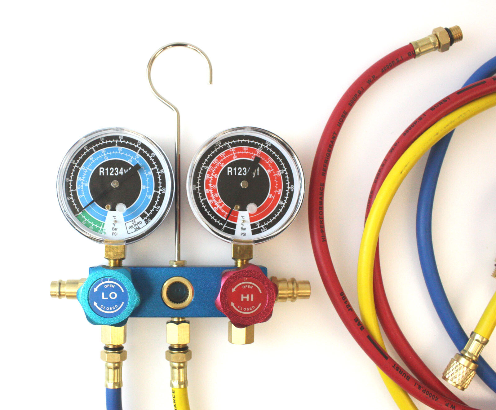 R1234YF HVAC Air Conditioning Aluminum Manifold Gauge Set W/ 3 Color Hoses A/C