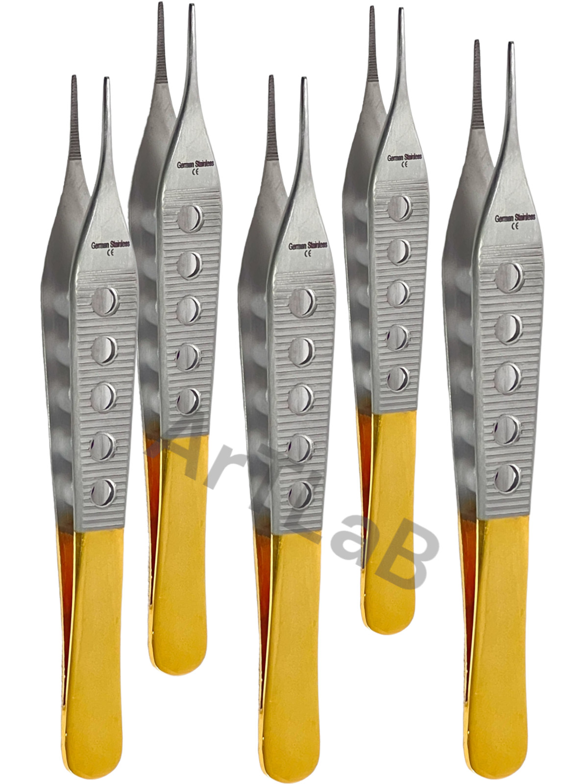 Fine Serrated Tip Adson Dressing Forceps 4.75″ w/ Gold Perforated Handle, STR