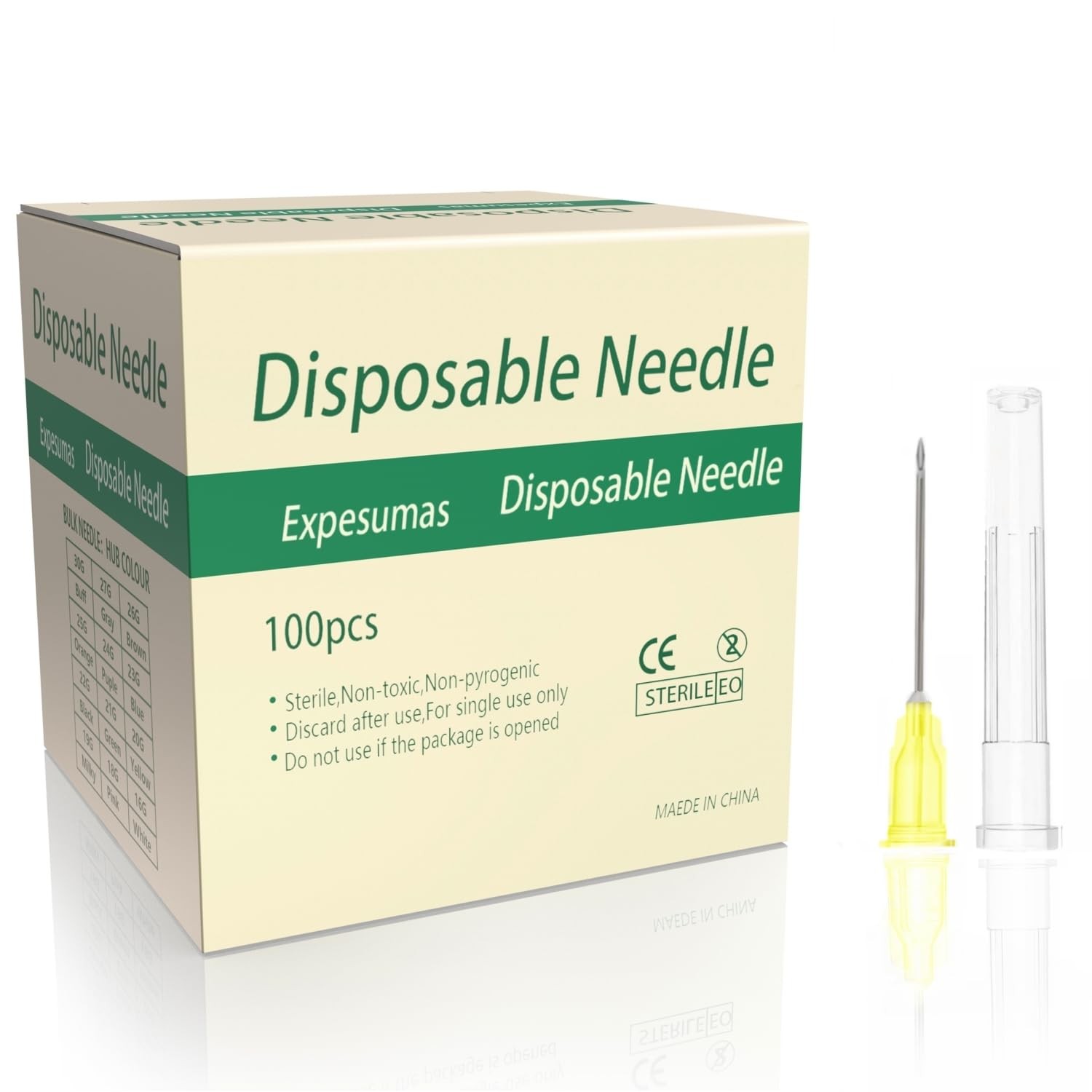 100 Pack 20Ga 1Inch Sterile Disposable Injection Needl with Cap 1 Inch