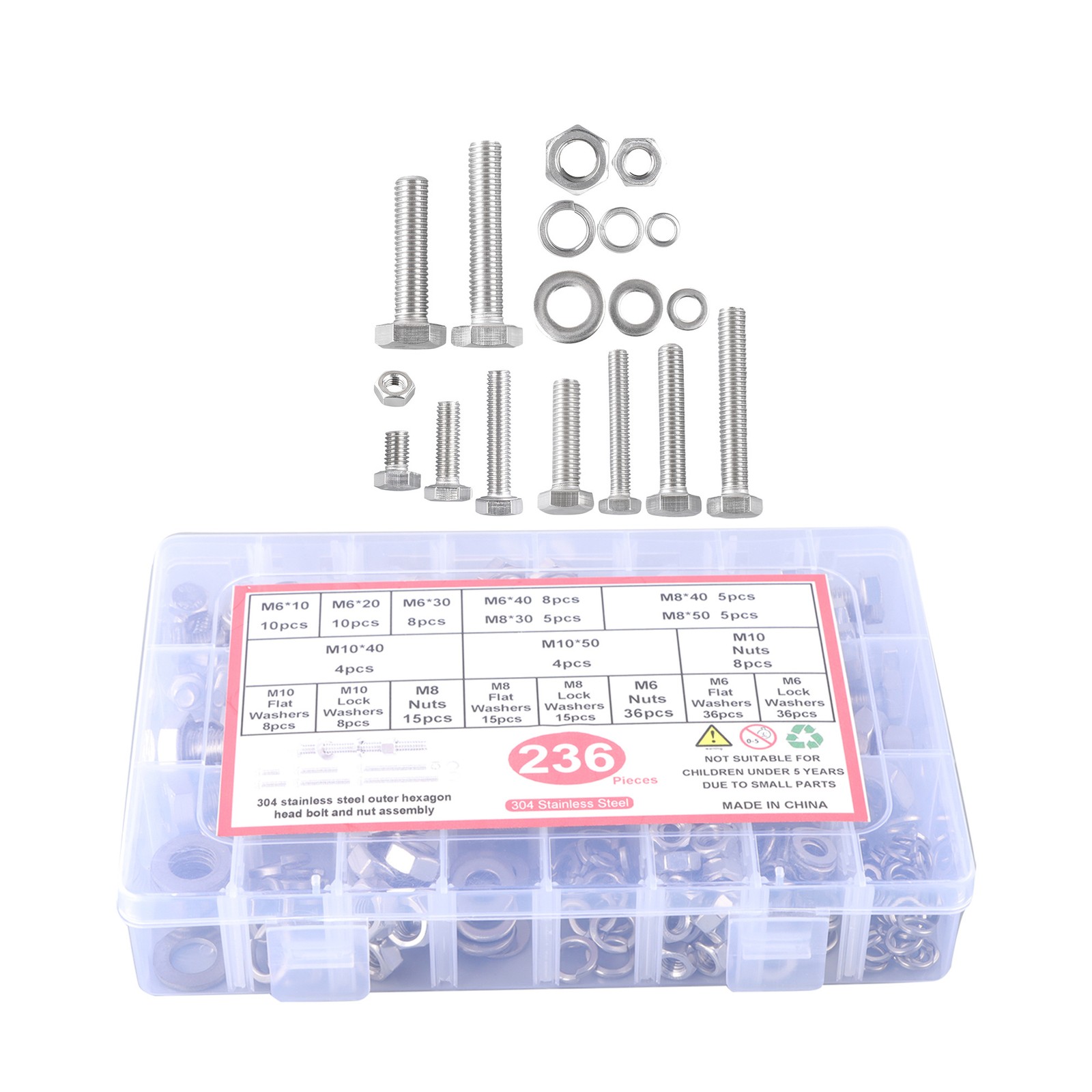 236pcs M6 M8 M10 Heavy Duty Bolts and Nuts Assortment Kit 304 Stainless Steel