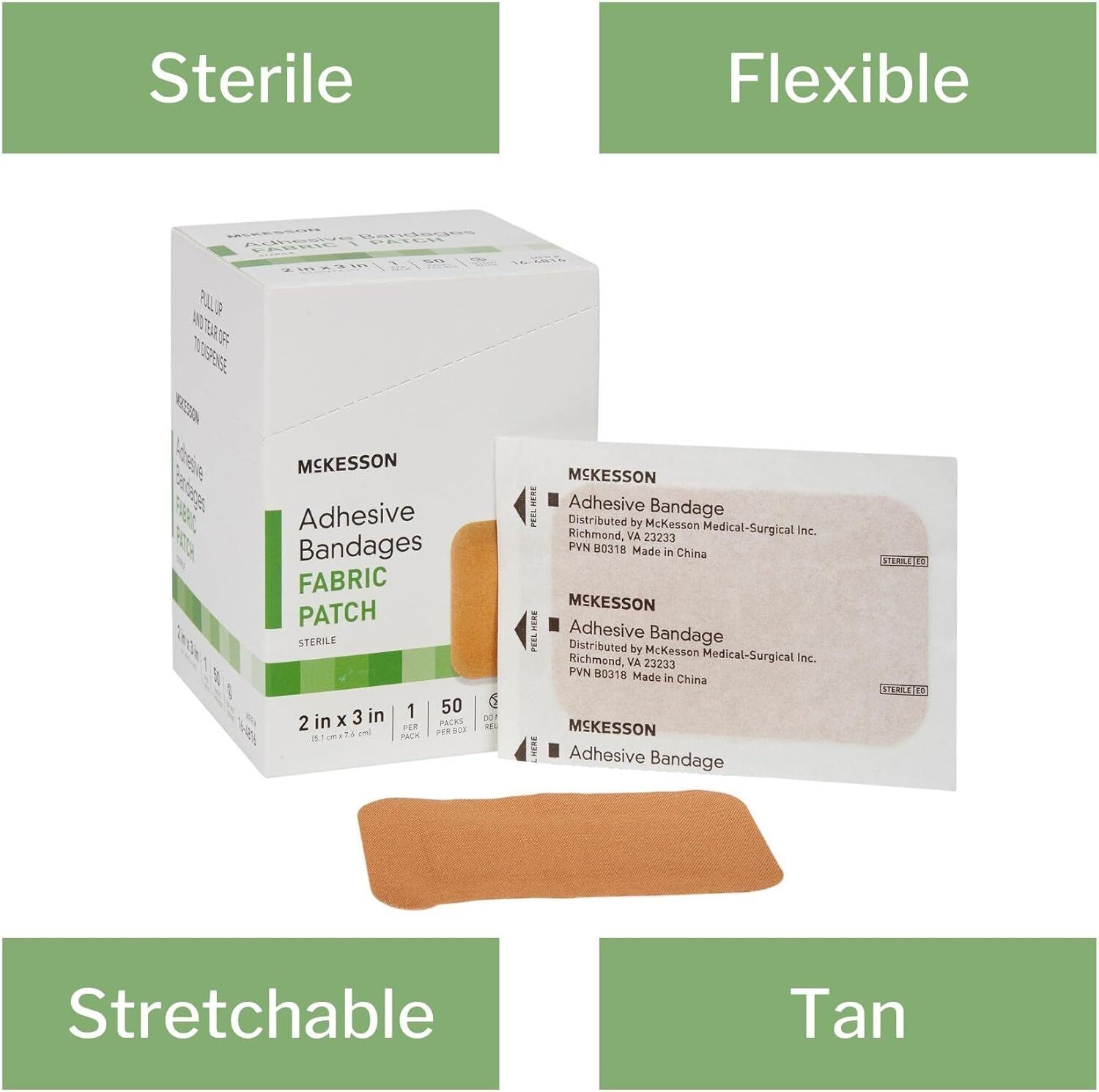 McKesson Adhesive Bandages, Sterile, Fabric Patch, 2 in 2 X 3 Inch, 50 Count