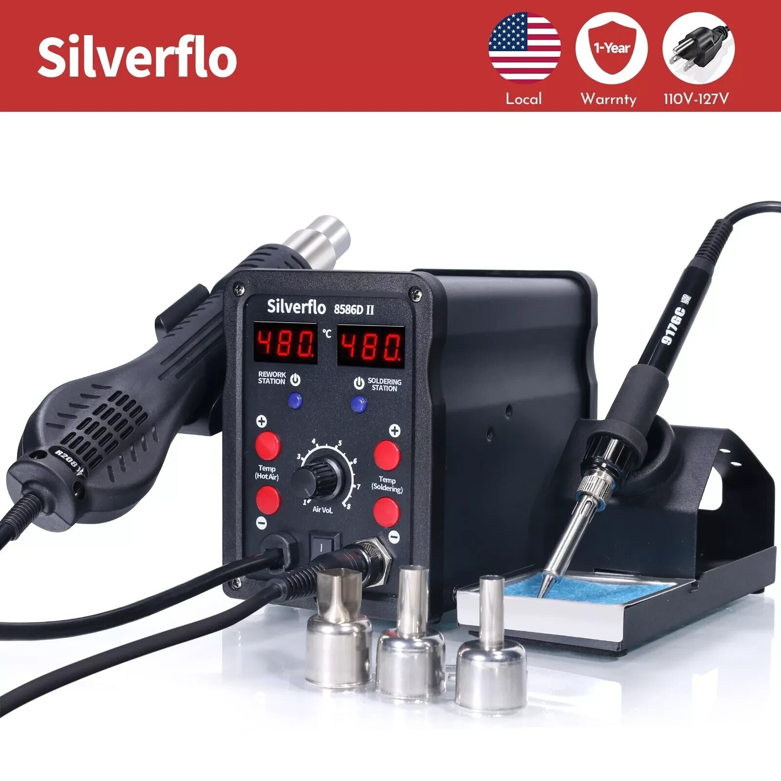 Silverflo 750W 8586D Soldering Iron kit Heat Station Hot Air Gun Rework Station
