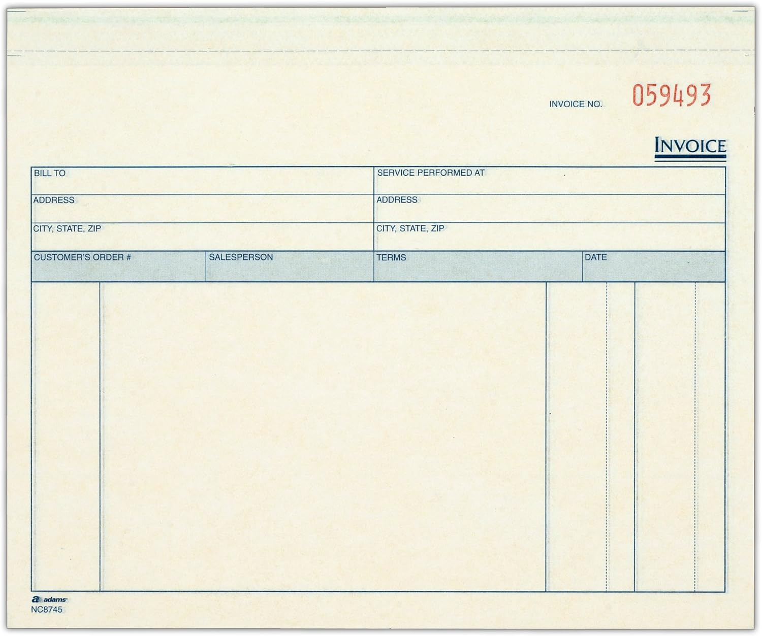 Invoice for Services Unit Sets, 7.44 X 8.5 Inches, 3-Part, Carbonless, Wh