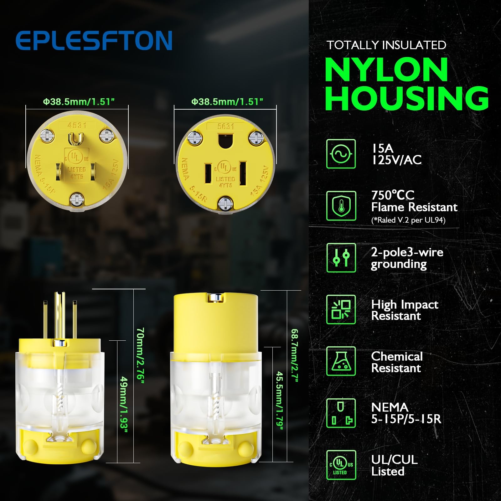 EPLESFTON 10 Sets Lighted Extension Cord Ends Replacement Plug 3 Prong 15A 12…