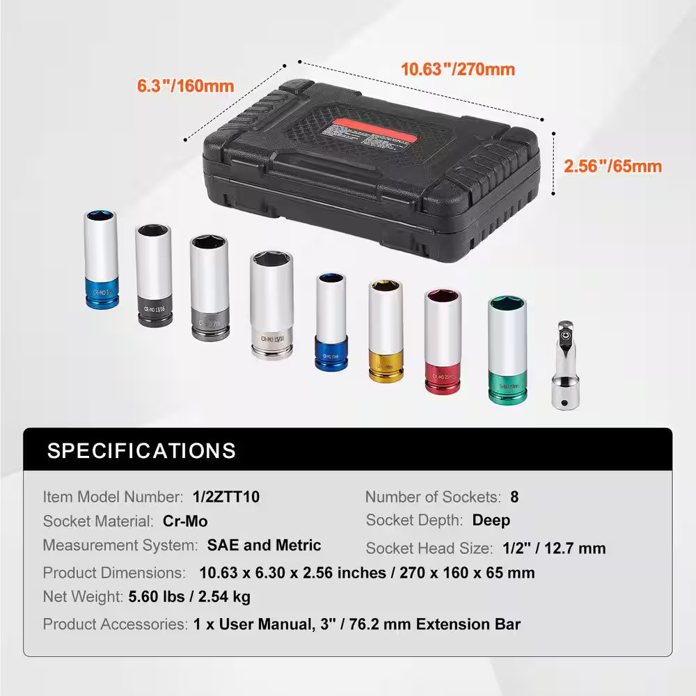 Lug Nut Impact Socket Set, 1/2 In. Drive Metric and SAE 6-Point Deep Socket Set,