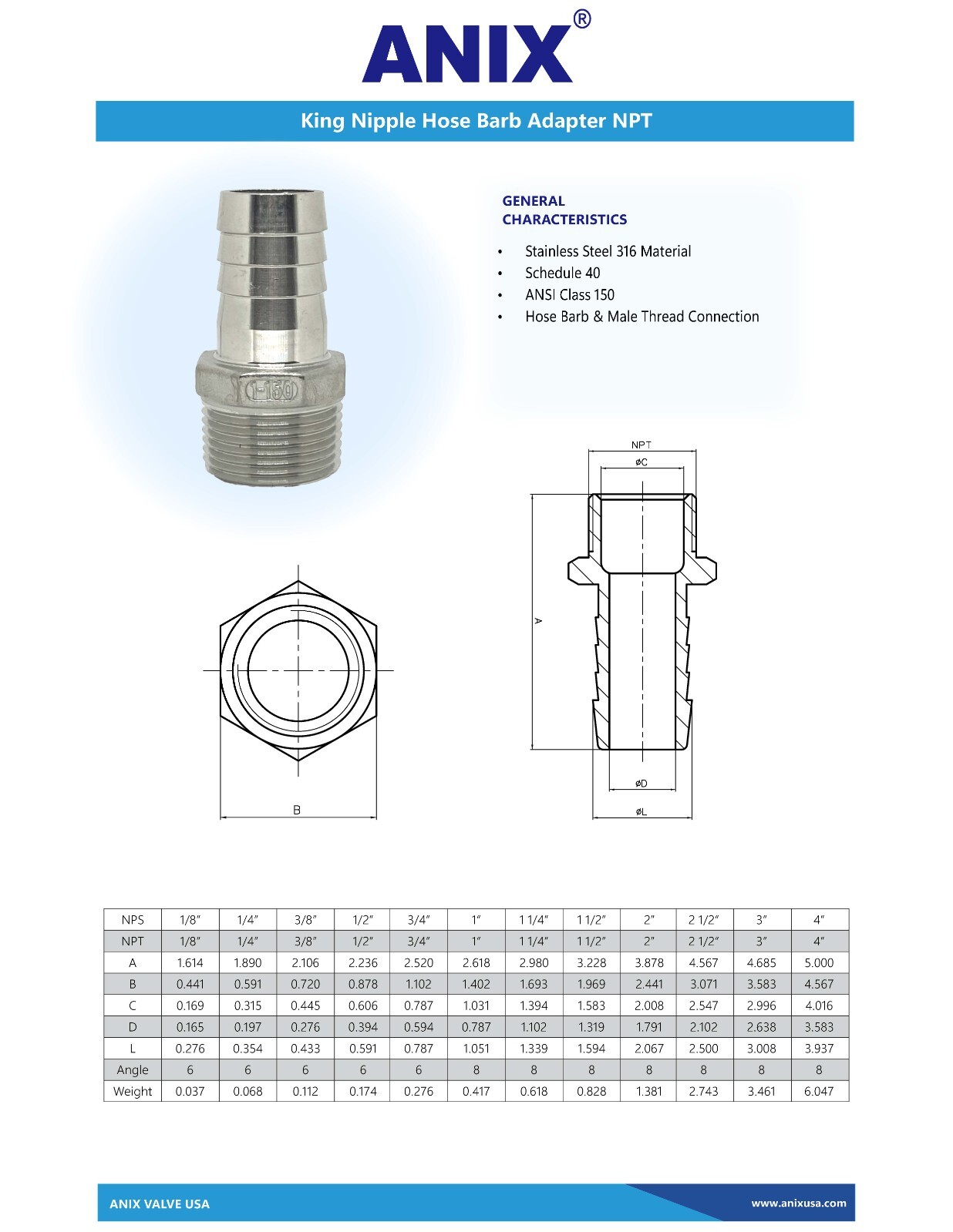 3/4″ Stainless Steel 316 KC King Nipple Hose Barb Adapter NPT