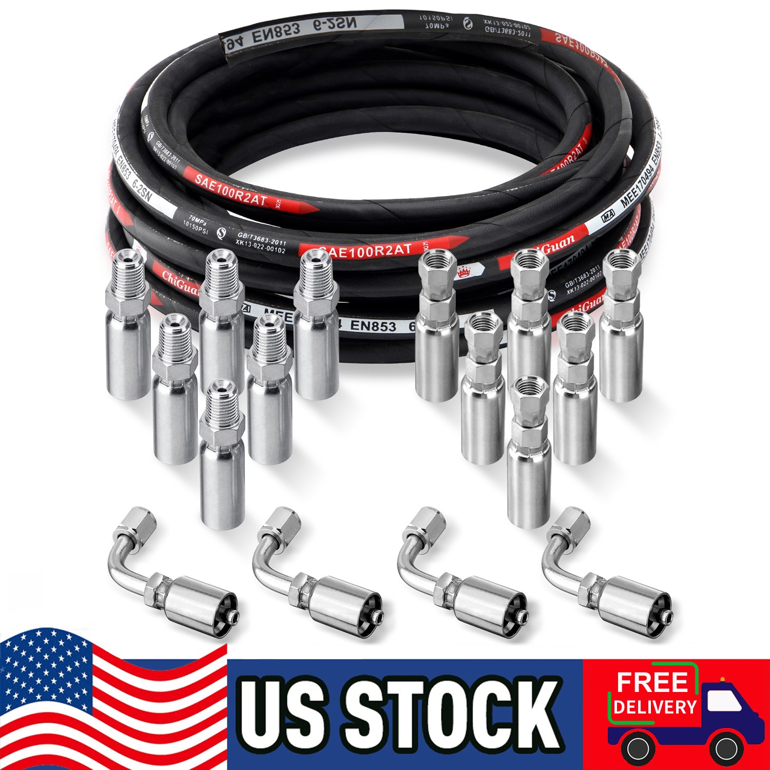 33FT Hydraulic Hose + 16 Fittings Straight & 90° 1/4″ JIC Female & 1/4 NPTF Male