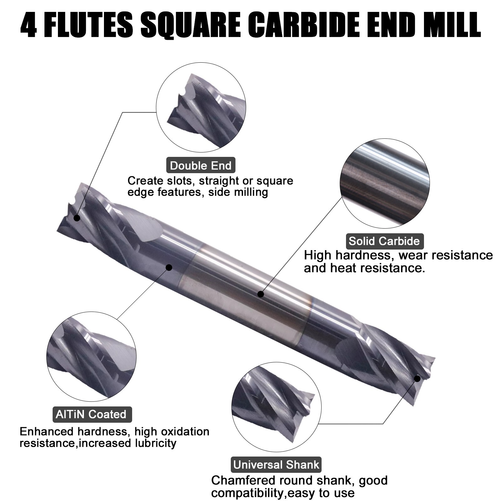 4 Flute 1/4″x 1/2″ x 2-1/2″ Solid Carbide End Mill – Double End – AlTiN Coated