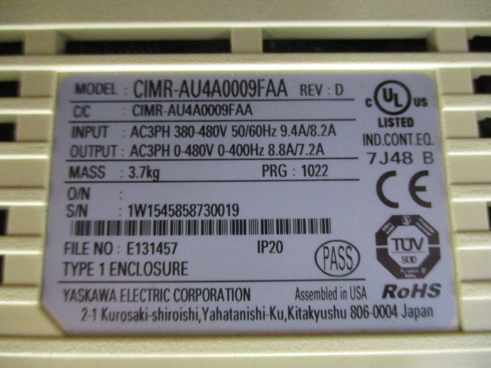 Yaskawa A1000 AC Drive CIMR-AU4A0009FAA Rev. D 5HP 3Ph w/ Keypad Used