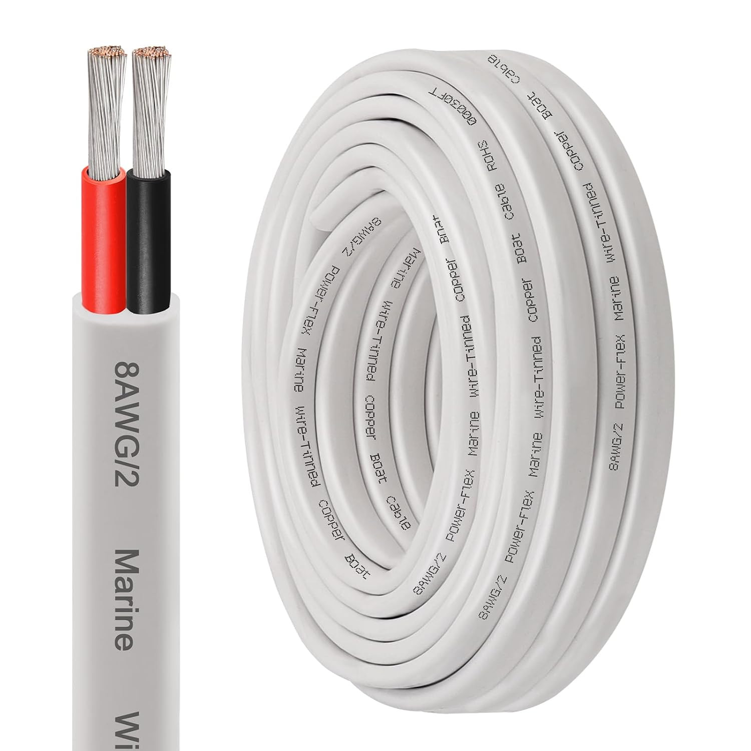 8 AWG Marine Wire 30FT, 2-Conductor (Red & Black) Duplex Marine Grade Boat Ca…